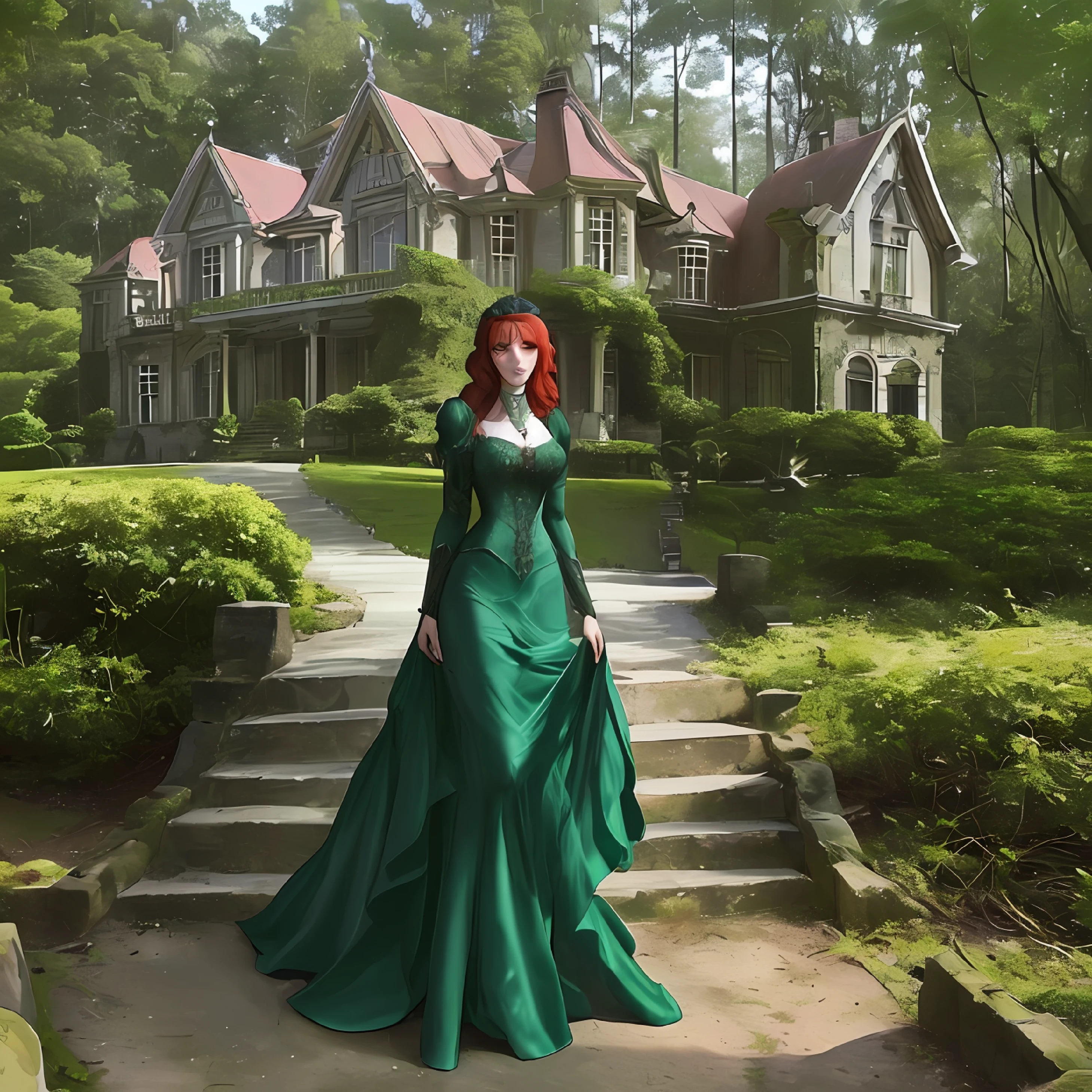 mansion in the forest, dia ensolarado, garota ruiva na frente vestido medieval