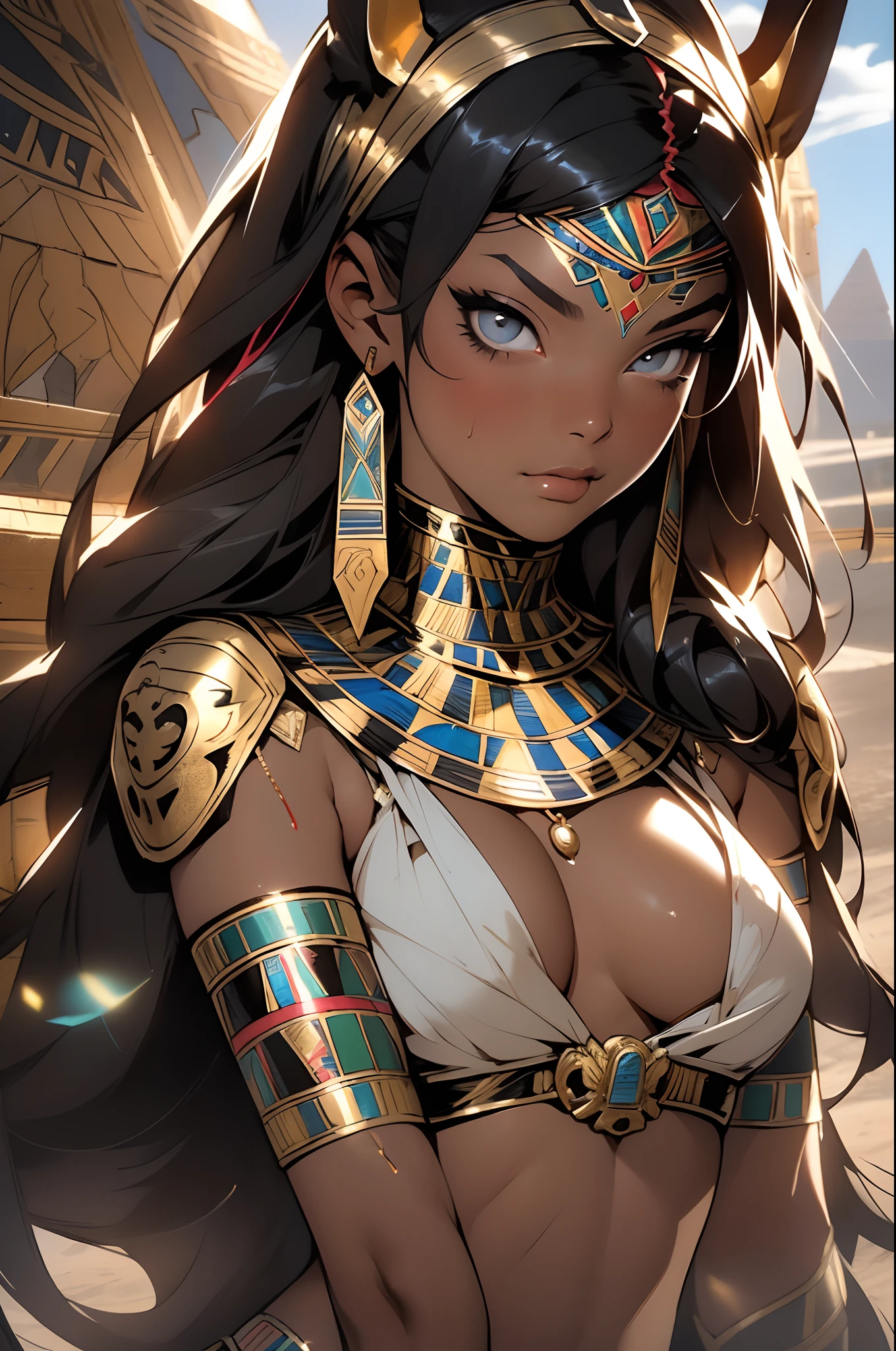 ((Frank Frazetta)), Beautiful full-bodied black woman, Beautiful eyes、 Egyptian woman, Egyptian adornments, muscular and perfect body,(top-quality、8K、32K、masterpiece、nffsw:1.3)、超A high resolution,(Photorealsitic:1.4),, long black hair with heavy bangs on the forehead,,,、muscular body, Red veil, dark skin shiny with oil and sweat, Anubis warrior in small clothes, Metal good, Egyptian tattoo, arms covered by Egyptian adornments, Large breasts, Generous cleavage, , brave face, dark kingdom, Sexy Pose, A desert, pyramids in the background