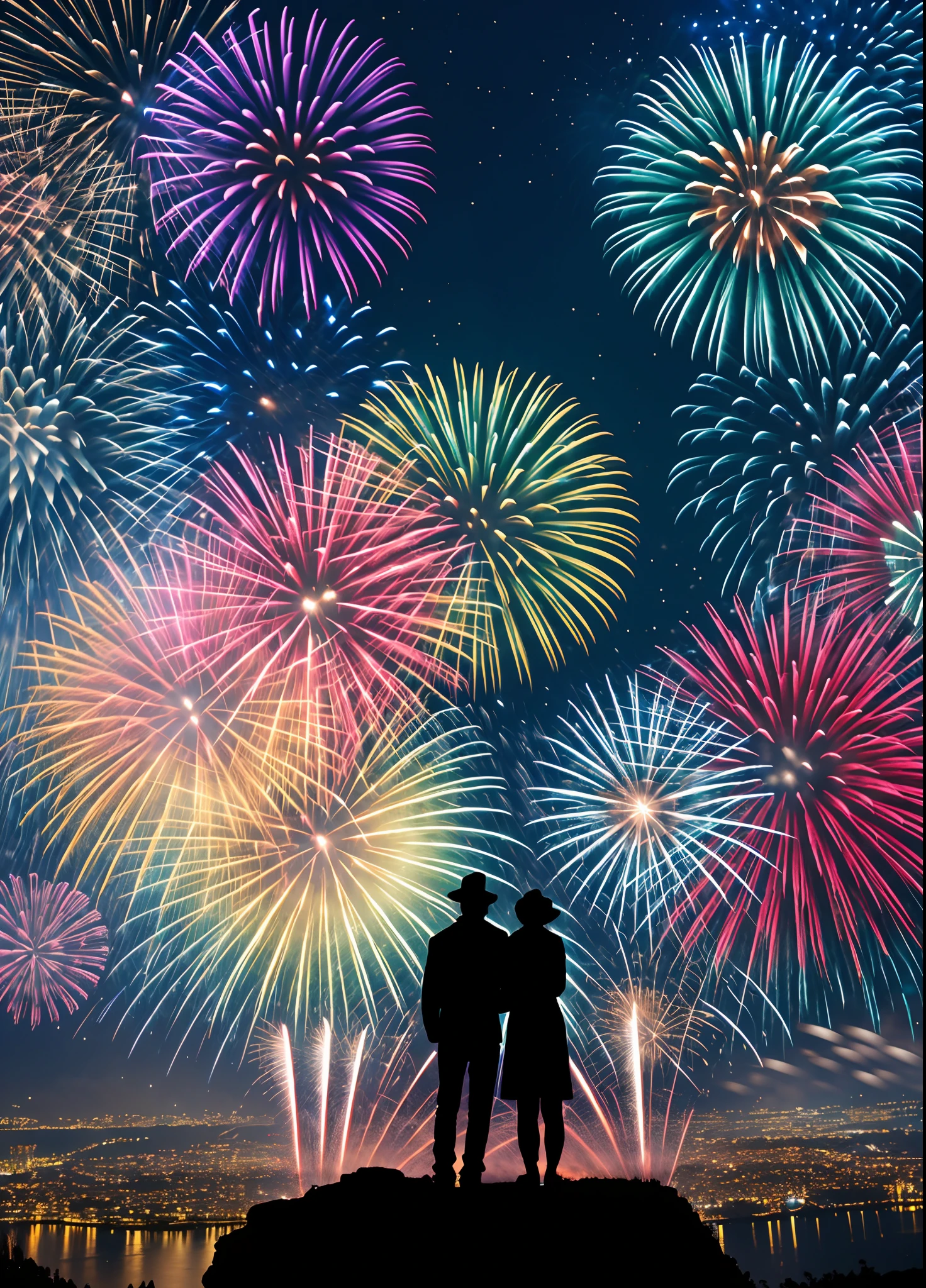 Beautiful landscapes on earth、Beautiful 8K wallpapers、Fireworks Festival、Raw photo、Very advanced、Convoluted、(digitalart:0.9)、hight resolution、magnifica、8k wallpaper、ighly detailed、Convoluted、Silhouette of two people side by side watching fireworks in the background