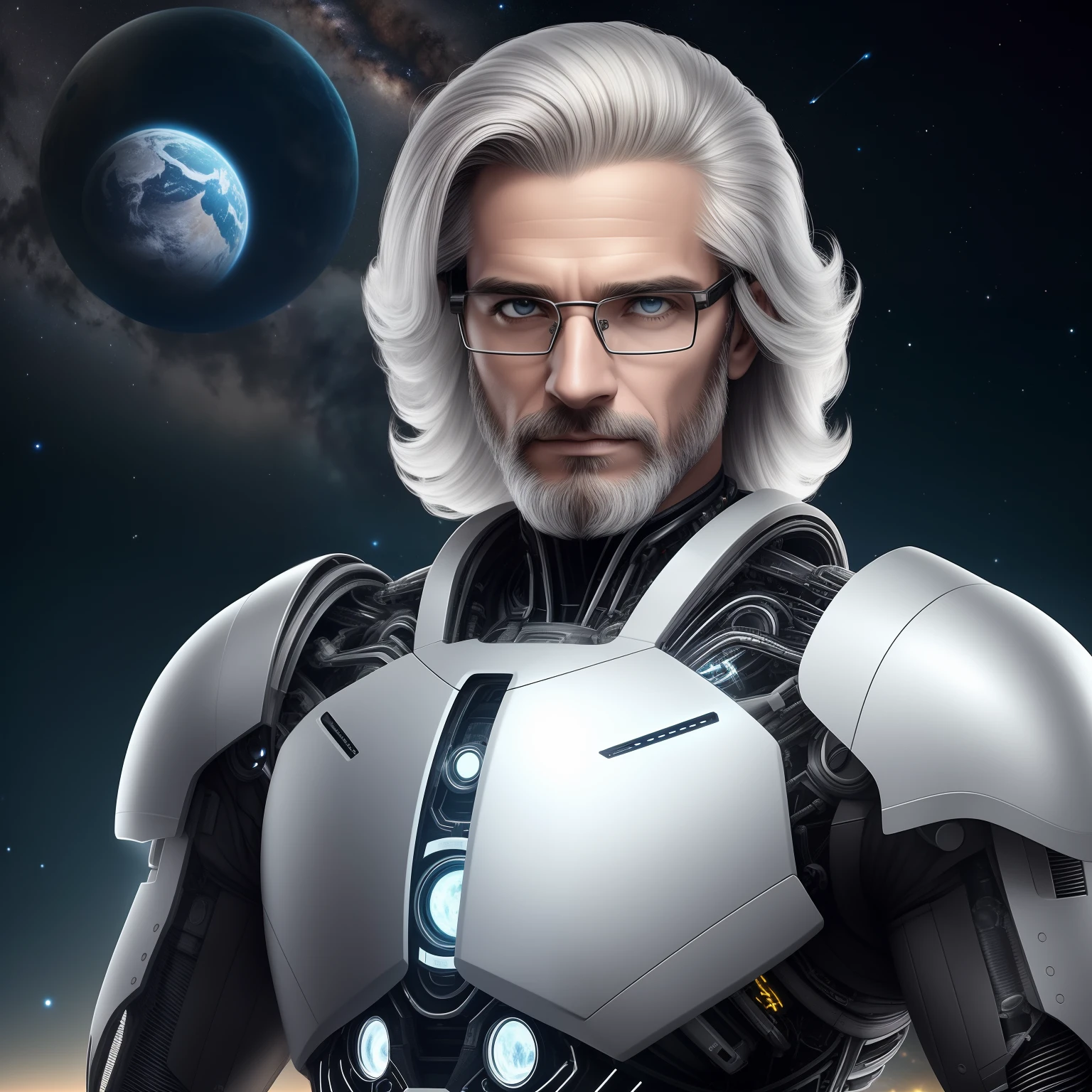 (Foto de corpo inteiro) um homem branco bonito, cabelo longo preto, sem barba, wearing cybernetic glasses, cybernetic armor, em outro planeta, The night with planets in the sky, 8K Ultra realista, extremamente detalhadado