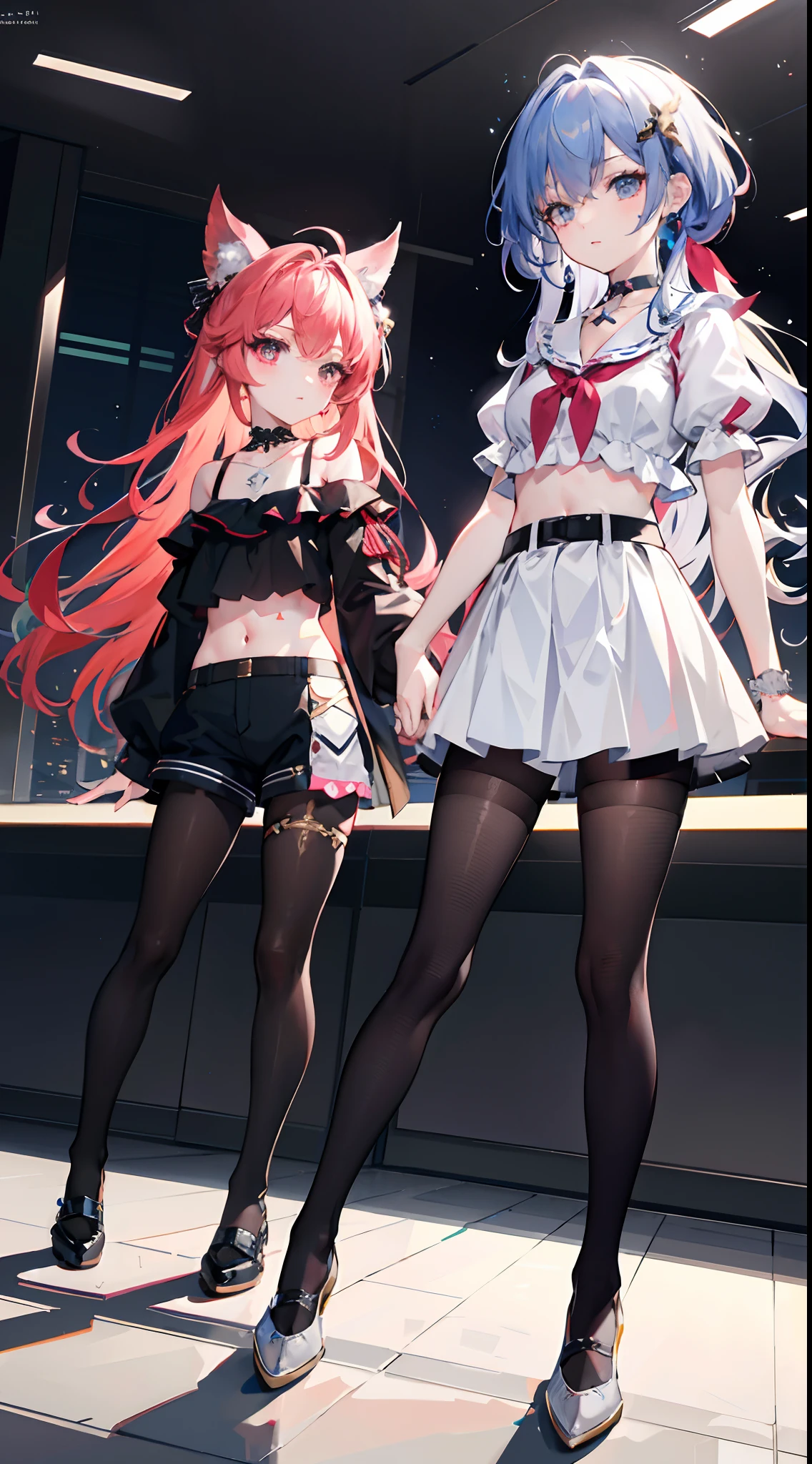 Masterpiece,Best quality,offcial art,Extremely detailed Cg Unity 8K wallpaper, 2girls, cute female child, Yuri, hair adornments, Short shorts, Crop top, Pantyhose, ribbon_choker necklace, leg belt,