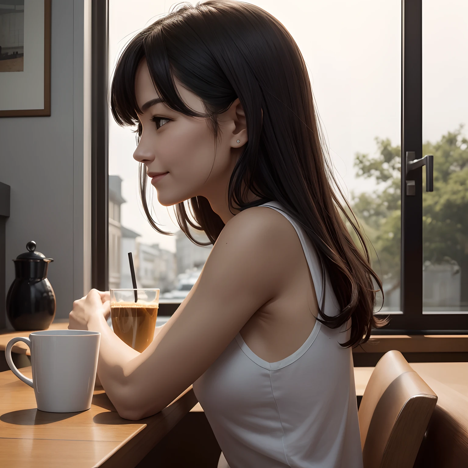 a picture、Woman in her 30s、profile、cafes、Soio、Tank Tops、long、A dark-haired、A slight smil