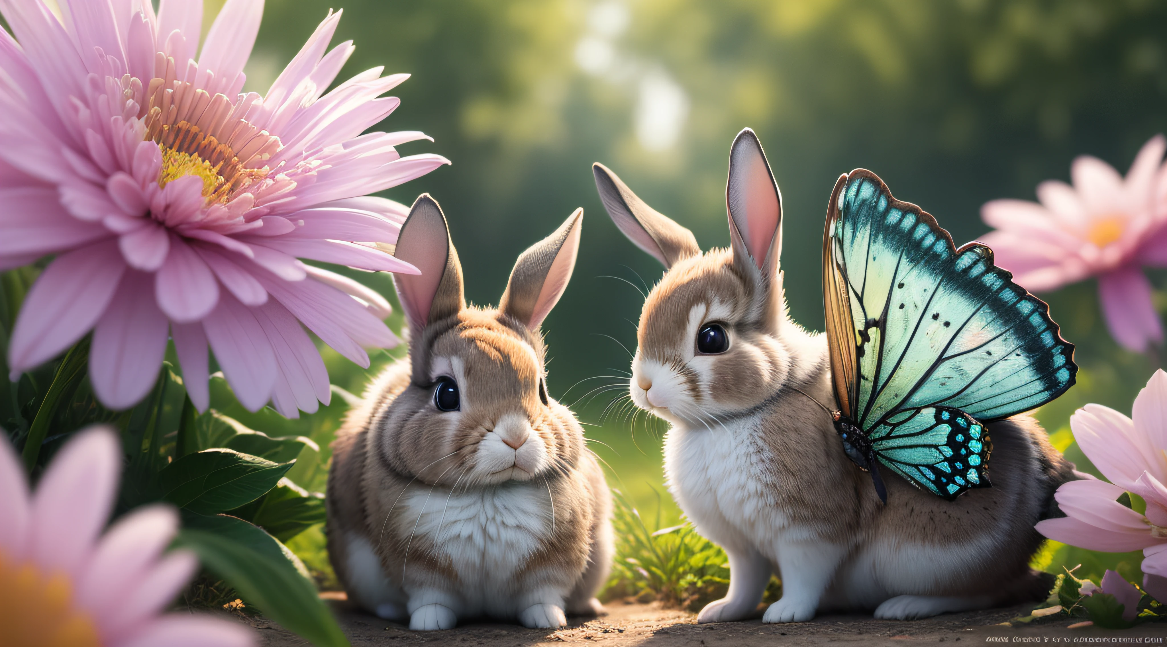 Close-up photo of rabbits in sunny amusement park,clean backdrop,depth of fields,largeaperture,photography of,butterflys,volume fog,Halo,blooms,Dramatic atmosphere,at centre,the rule of thirds,200 mm 1.4F macro shooting