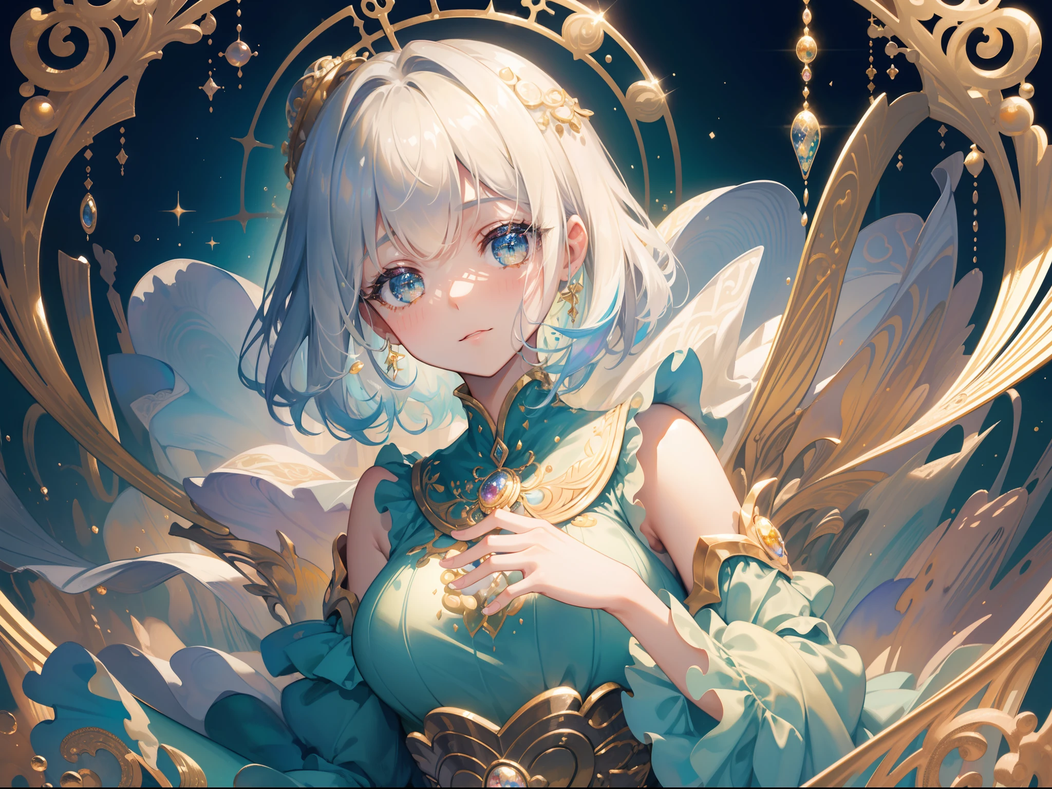 masterpiece, best quality, 8k resolution, sharp focus, intricate detail, beautiful girl, sparkling eyes, golden ratio face, otherworldly liquid, watercolor, muted colors, bright colors, whimsical, colorful, sharp focus, high resolution, fine detail, ((layered tiered puffy long sleeves ballgown)), ((round eyes)), iridescent bubbles, fantasia background