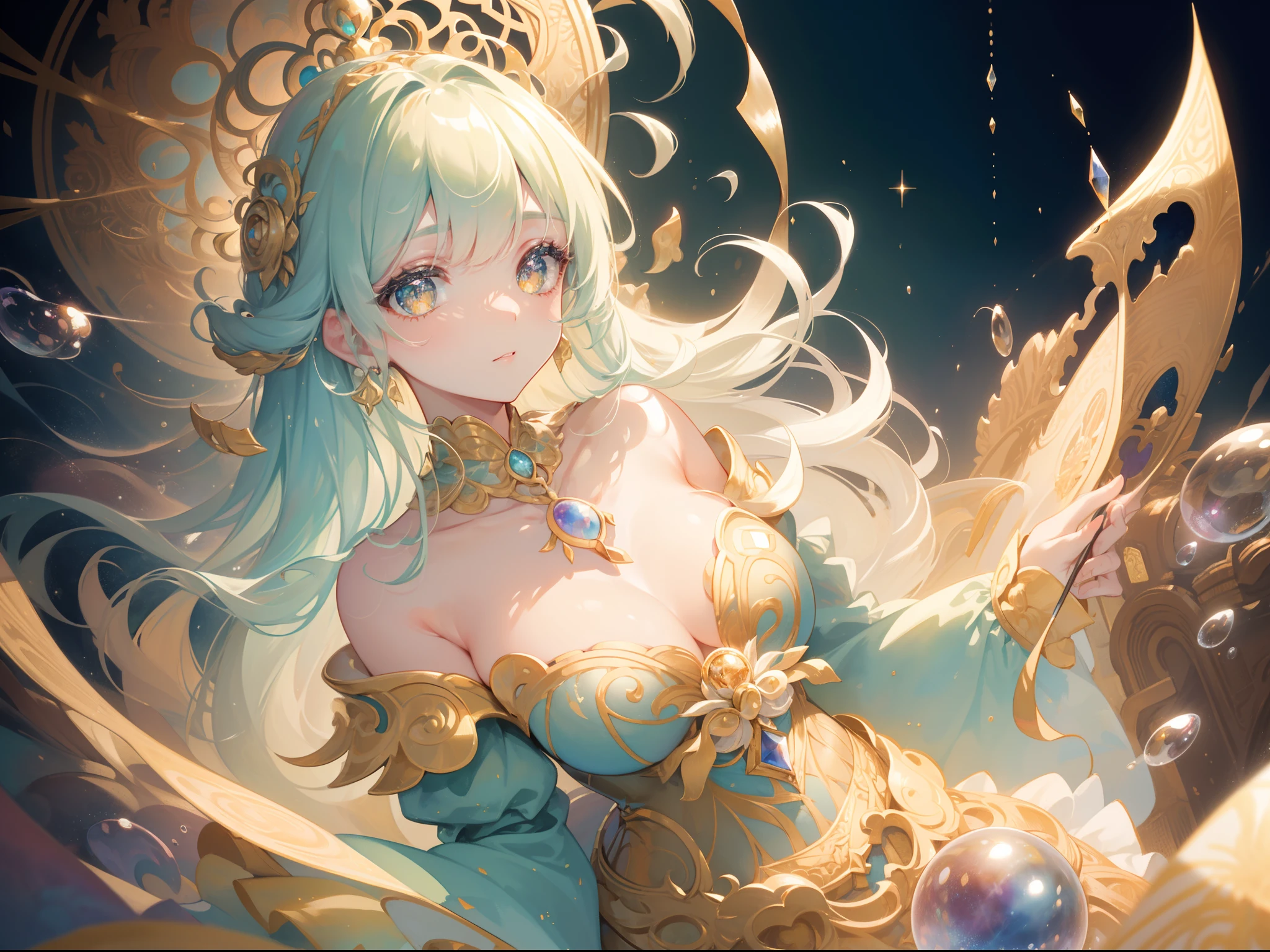masterpiece, best quality, 8k resolution, sharp focus, intricate detail, beautiful girl, sparkling eyes, golden ratio face, otherworldly liquid, watercolor, muted colors, bright colors, whimsical, colorful, sharp focus, high resolution, fine detail, ((layered tiered puffy long sleeves ballgown)), ((round eyes)), iridescent bubbles, fantasia background