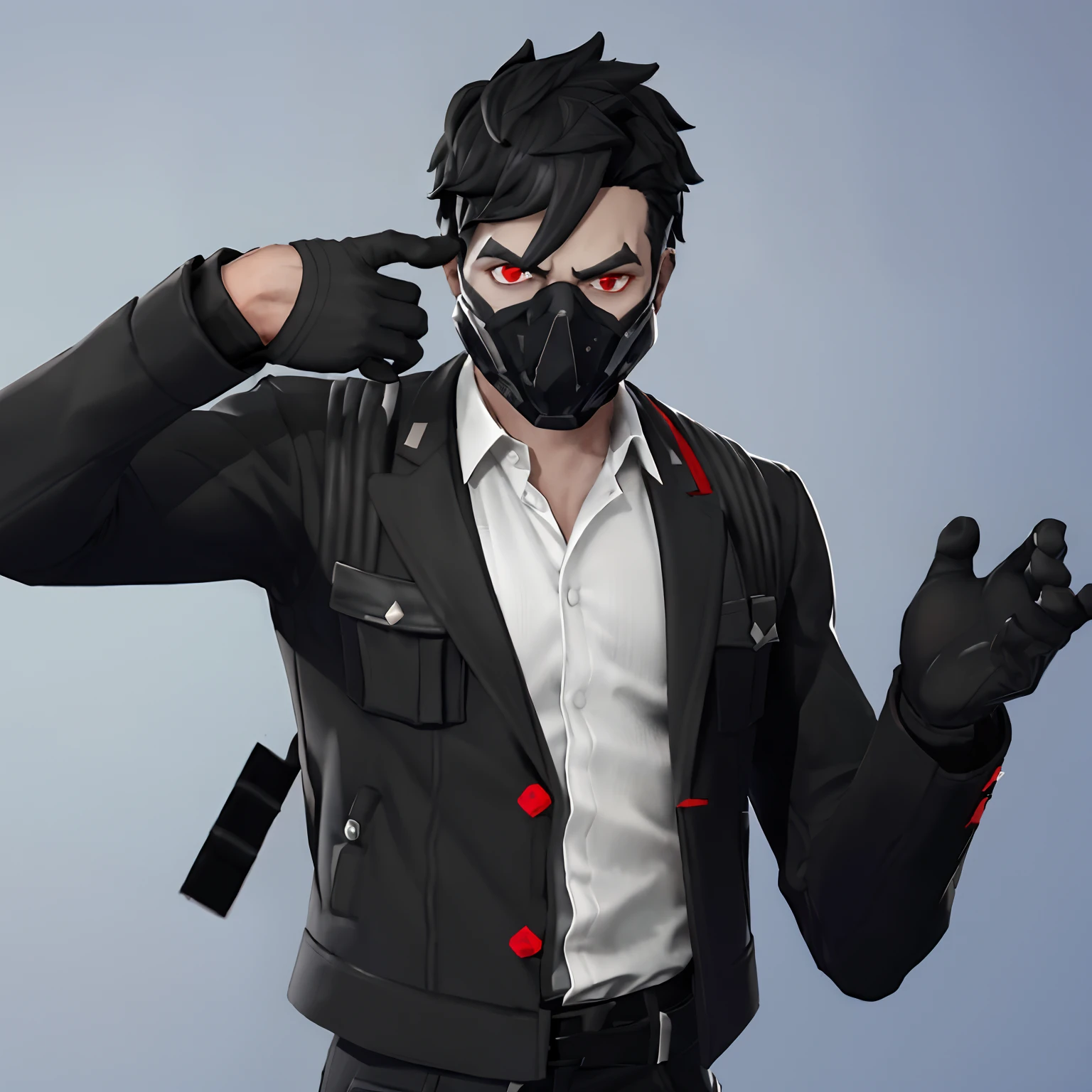 Male characters , have a black mask in his mouth ( black ClothMask ) , black jacket and white shirt, black pushed back hair , red eyes , looking forward , HD , Open black jacket over a white shirt