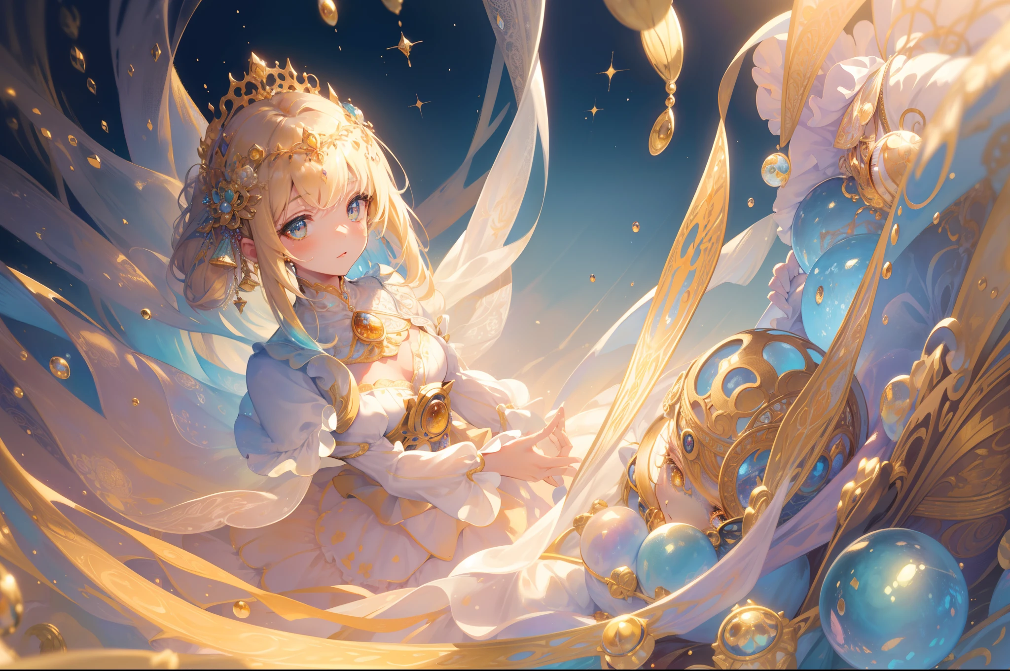 masterpiece, best quality, 8k resolution, sharp focus, intricate detail, beautiful girl, sparkling eyes, golden ratio face, otherworldly liquid, watercolor, muted colors, bright colors, whimsical, colorful, sharp focus, high resolution, fine detail, ((layered tiered puffy long sleeves ballgown)), ((round eyes)), iridescent bubbles, fantasia background