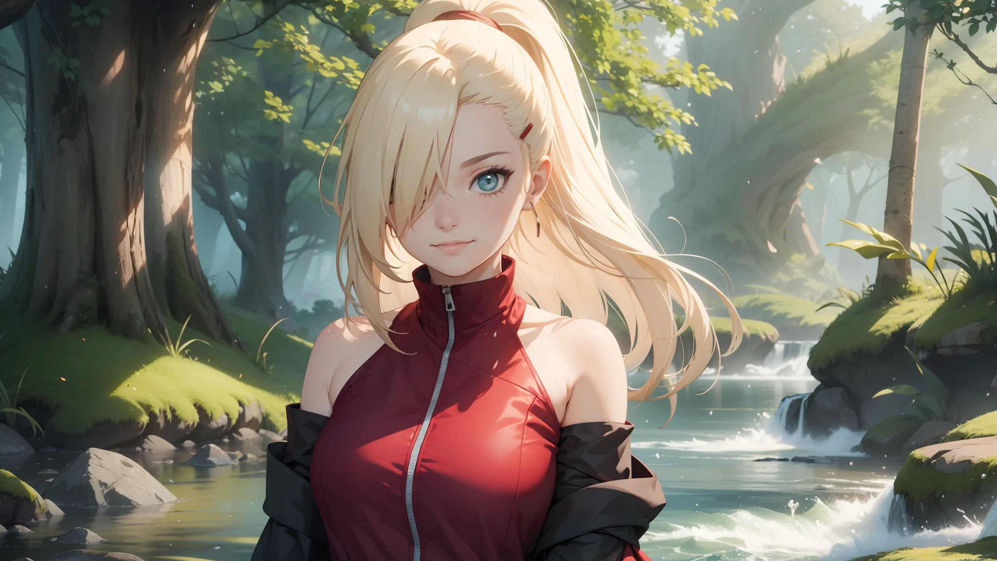 "the Extremely Detailed CG Unity 8K Wallpapers，tmasterpiece，Best picture quality，【😊Colored Forest，depth of fields，Lots of splashing droplets:1.2，petals，Toys surround，ventania，Foliage，grassy fields，volumettic light】blond hairbl，Be red in the face，ssmile，Half of your body is in water，naruto，Ino，Off-the-shoulder attire，bangs cover one eye，fat