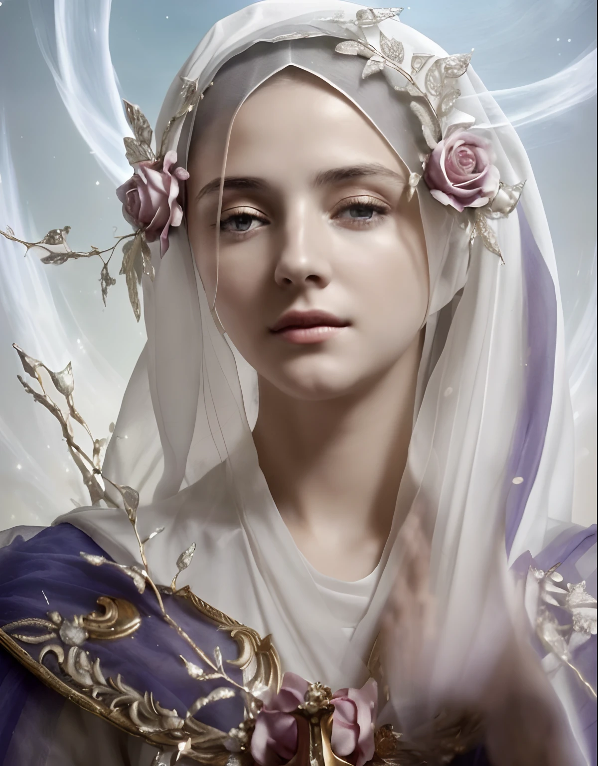 (((Blessed Virgin Mary. 19 years old))) (((IMAGEN VINTAGE RETRO))) ((( Con una cara seria y piadosa. Con una mirada dulce y tierna))) (obra maestra, calidad superior, mejor calidad, arte oficial, beautiful and aesthetic: 1.2), (1girl), extremadamente detallado, (Arte fractal: 1.3), colorido, highest detailed, Cara perfecta, parte superior del cuerpo, HDR, (orando: 1.3), (golden lines of white coat: 1.2), galaxia, (rayas de luz), eye-catching visuals, (dynamic stripes, senderos luminosos: 1.2), colores vibrantes,