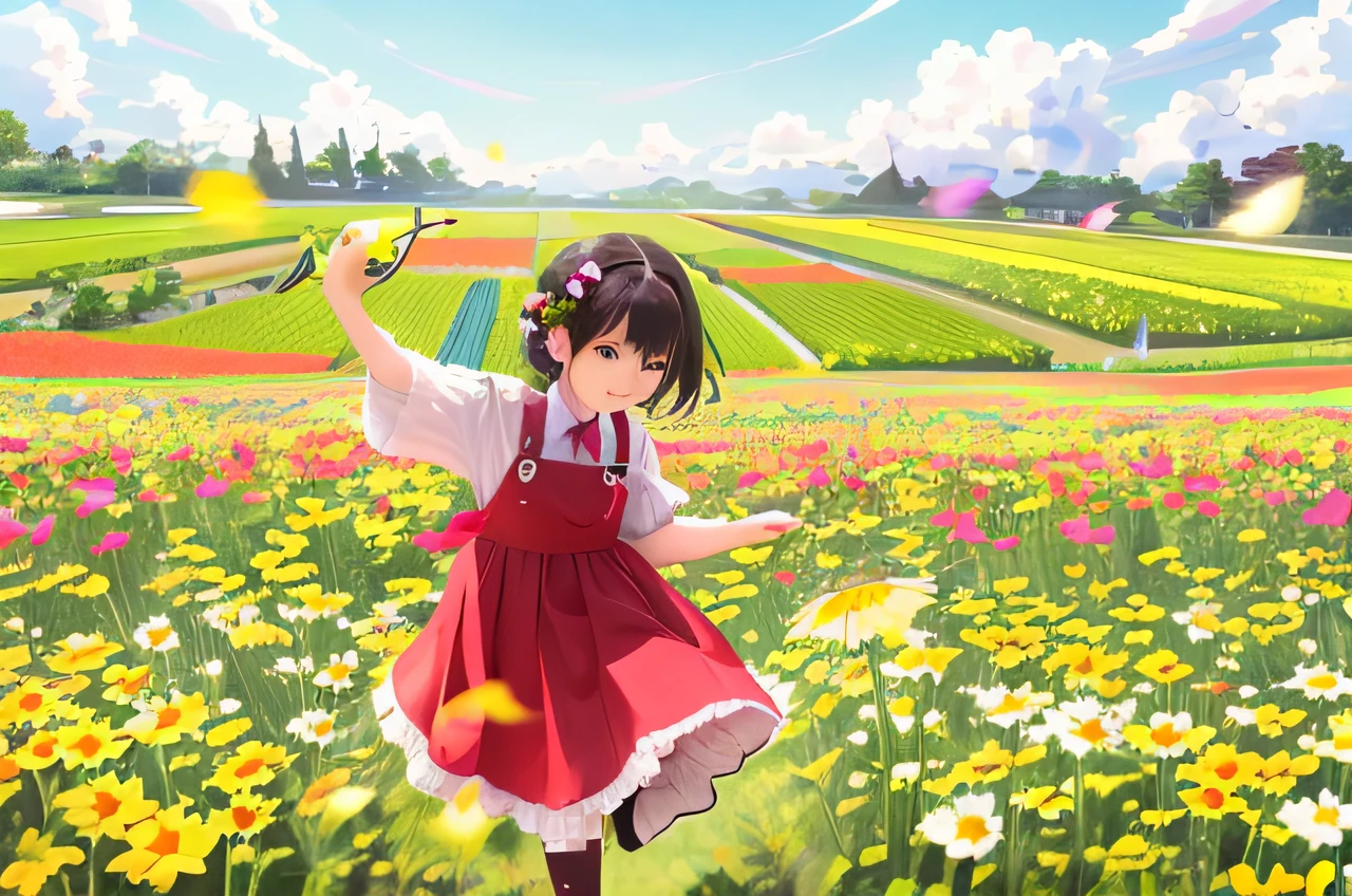 Anime girl holding yellow umbrella in flower field, girl dancing in a flower field, standing in flower field, standing in flower field, in a field of flowers, with flower fields as foreground, flower  field, Girl in a flower field, Loli, Official artwork, girl frontal in a flower field, 🍁 Cute, girl walking in a flower field