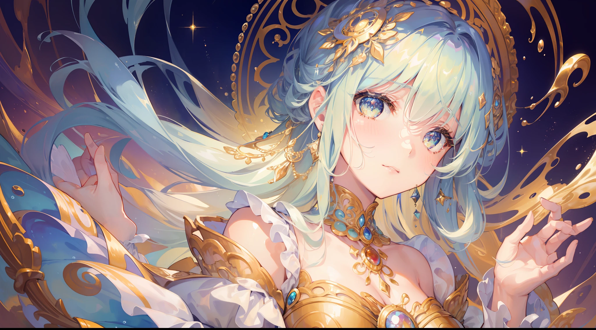 masterpiece, best quality, 8k resolution, sharp focus, intricate detail, beautiful girl, sparkling eyes, golden ratio face, otherworldly liquid, watercolor, pastel colors, bright colors, whimsical, colorful, sharp focus, high resolution, fine detail, liquid ballgown, ((round eyes)), iridescent bubbles