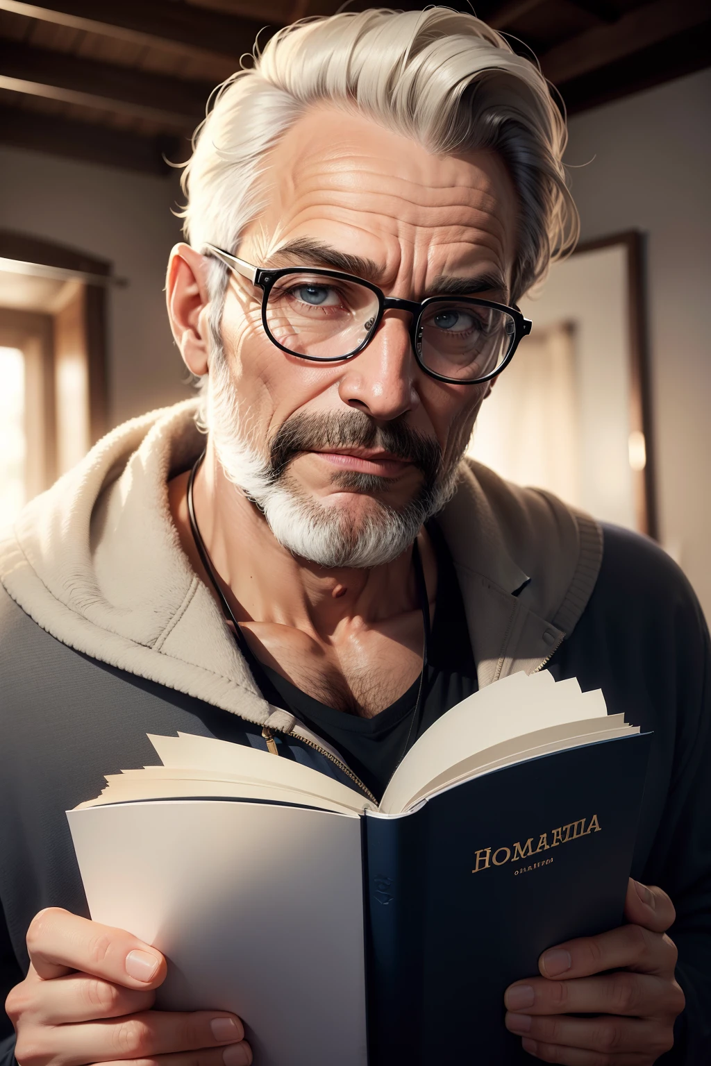 Homem, graves, 47 Anos, com barba, olhar gentil, olhos castanhos, forte, inteligente, estudioso, wearing old glasses, com uma jaqueta velha, segurando um livro