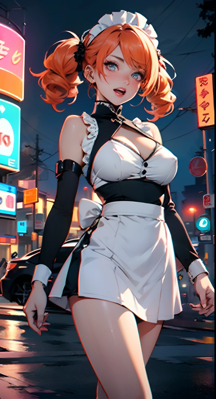 maid girl,(((1girl))),((anime maid girl with extremely cute and beautiful orange hair walking seductively down the street)),
(large breasts:1.4),bountiful breasts,fluffy breasts,H cup bust,bust up,bulging bust top,(((orange twintails hair:1.35,colored inner hair,twintails,ear breathing))),((heterochromia,eye1 orange,eye2 red,perfect eyes,upturned eyes:1.3,beautiful detailed eyes,finely detailed beautiful eyes:1,big highlight on eyes:1.2,slanted eyes)),((fat)),(((lustrous skin:1.5,bright skin: 1.5,skin tanned,shiny skin,very shiny skin,shiny body,plastic glitter skin,exaggerated shiny skin))),(spider lower abdomen,narrow waist,wide hip,athletic body,inflated legs,delicate detailed fingers,detailed body,detailed arms,human hands,(detailed face)),
cute,slutty,seductive,erotic,(((nsfw))),
zettai ryouiki,(maid headdress),maid uniform,Headdress,(maid),sleeveless,mini skirt,boots,cleavage cutout,bare legs,clothes with a lot of lace frills,(detailed outfit,detailed clothes),
(dynamic pose:1.0),solo focus,happy,((open mouth)),,centered,scale to fit dimensions,Rule of thirds,
outdoors,((night view)),(very pretty city neon synthwave,cyberpunk night street Background:1.5,dark sky,thick clouds),future vehicles,((neon lights)),thick clouds,(cyberpunk style,neon lights, (synthwave theme background), lonely street),(((detailed background:1.25))),
(best quality),(high resolution),(sharp focus),(ultra detailed),(extremely detailed),(extremely high quality artwork),8k_wallpaper,(extremely detailed CG 8k),(very fine 8K CG),((hyper super ultra detailed perfect piece)),flawless,(((masterpiece))),illustration,vibrant colors,(intricate),High contrast,Selective lighting,Double exposure,HDR (High Dynamic Range),Post-processing,Background blur,