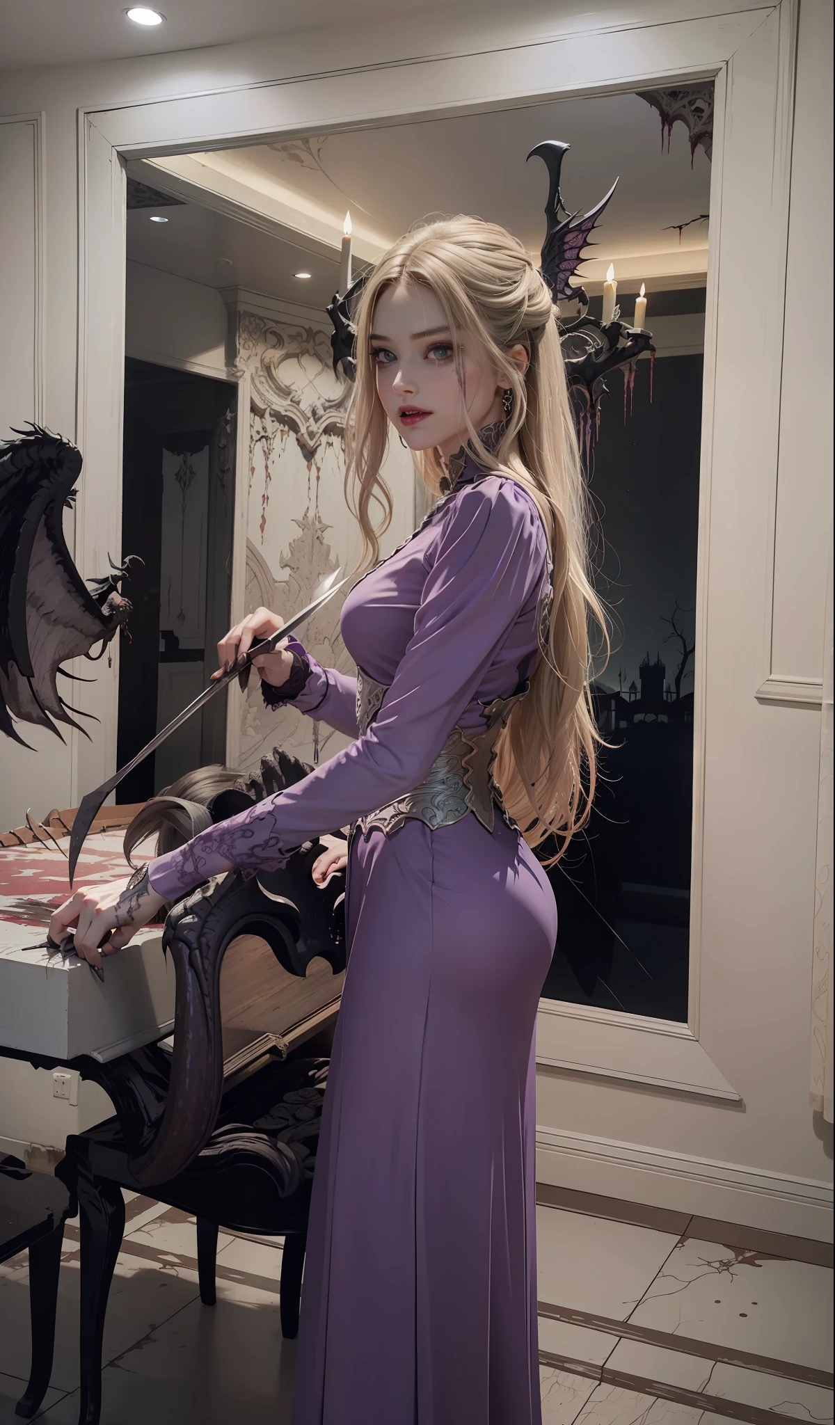 Fine matte paint，Skeleton Dark Angel, Haunted castle with large wings, Fill the drawing table with a knife，terroral，uncanny，horrid，secret terror，tentaculata，grape trees，The eye，uncanny valley effect teeth，all  fours，Critters，Blood Moon，Sharp fangs，vampire tooth，Blood