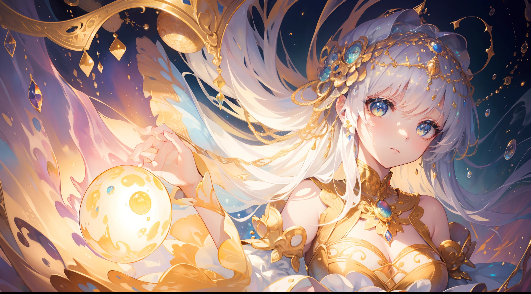 masterpiece, best quality, 8k resolution, sharp focus, intricate detail, beautiful girl, sparkling eyes, golden ratio face, otherworldly liquid, watercolor, muted colors, bright colors, whimsical, colorful, sharp focus, high resolution, fine detail, ((layered tiered puffy long sleeves ballgown)), ((round eyes)), iridescent bubbles, fantasia background