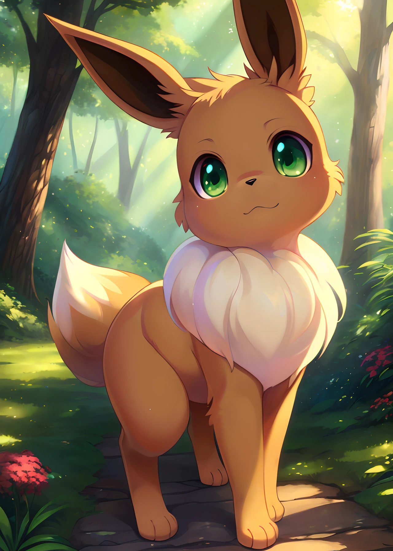 uploaded on e621, ((by Issac Levitan, by Rumiko Takahashi, by Ephraim Moses Lilien, by Hioshiru, by Glacierclear)), solo (quadruped feral:1.4) ((Eevee)) with ((tan body)) and (((white neck tuft))) and (brown fluffy dipstick tail) and ((clear light green eyes)), (detailed Eevee), ((detailed fluffy fur)), (three-quarter portrait, looking at viewer, three-quarter view, [high-angle view]:1.2), BREAK, (detailed background, depth of field, half body shadow, sunlight, ambient light on the body), (intricate:0.7), (high detail:1.2), (unreal engine:1.3), (sharp focus:1.1), [explicit content, questionable content], (masterpiece, best quality, 4k, 2k, shaded, absurd res)