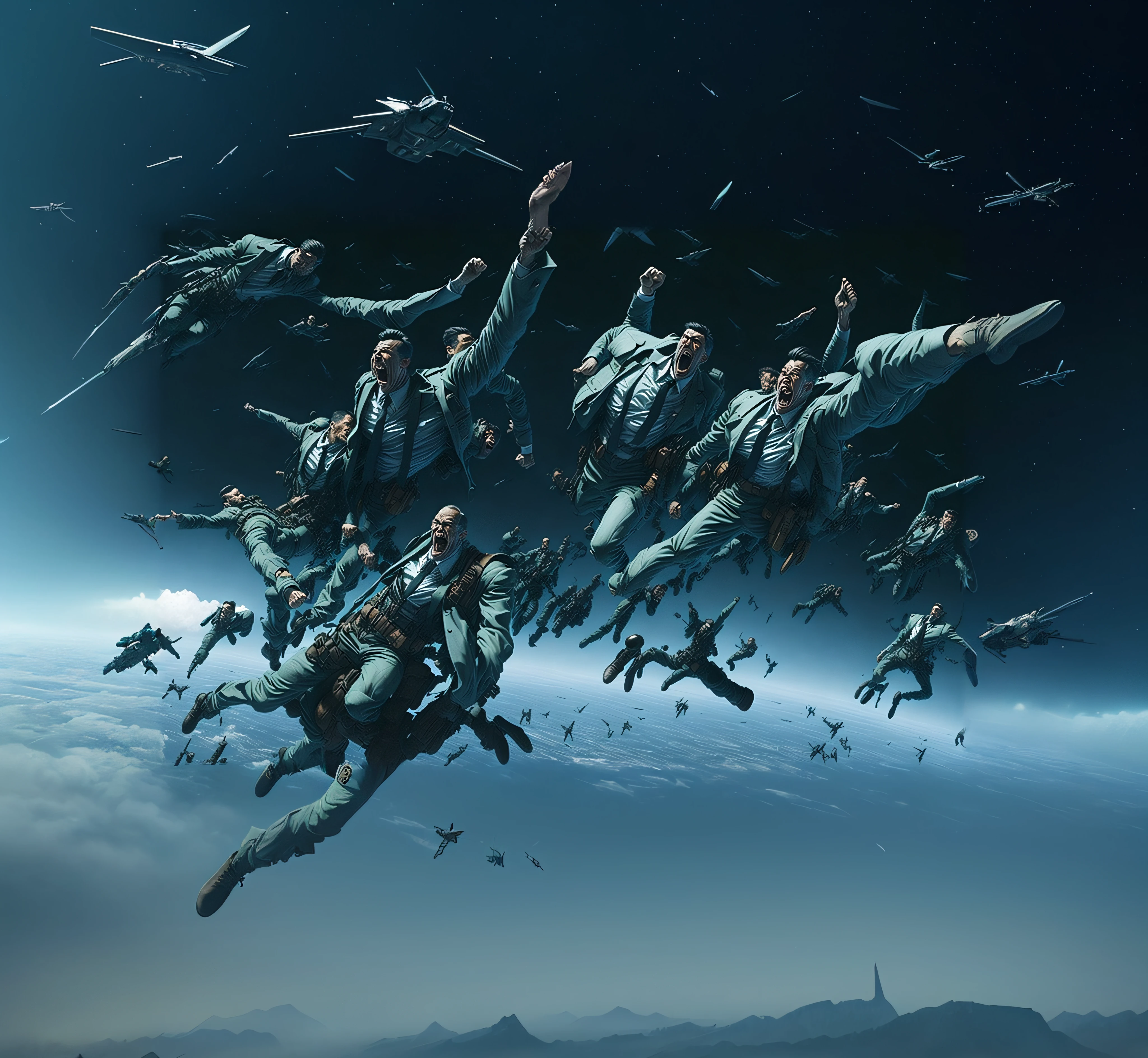 Hay muchos hombres en traje volando en el aire, 8 k movie still, an epic scifi movie still, Wojtek FUS, akira cgi movie stills, Houdini VFX, Impresionantes efectos visuales, por Joop Sanders, Arte CG, Alexey Egorov, por Fei Danxu, Epic sci-fi movie Still, CGsociety 8 K, CGsociety 8K