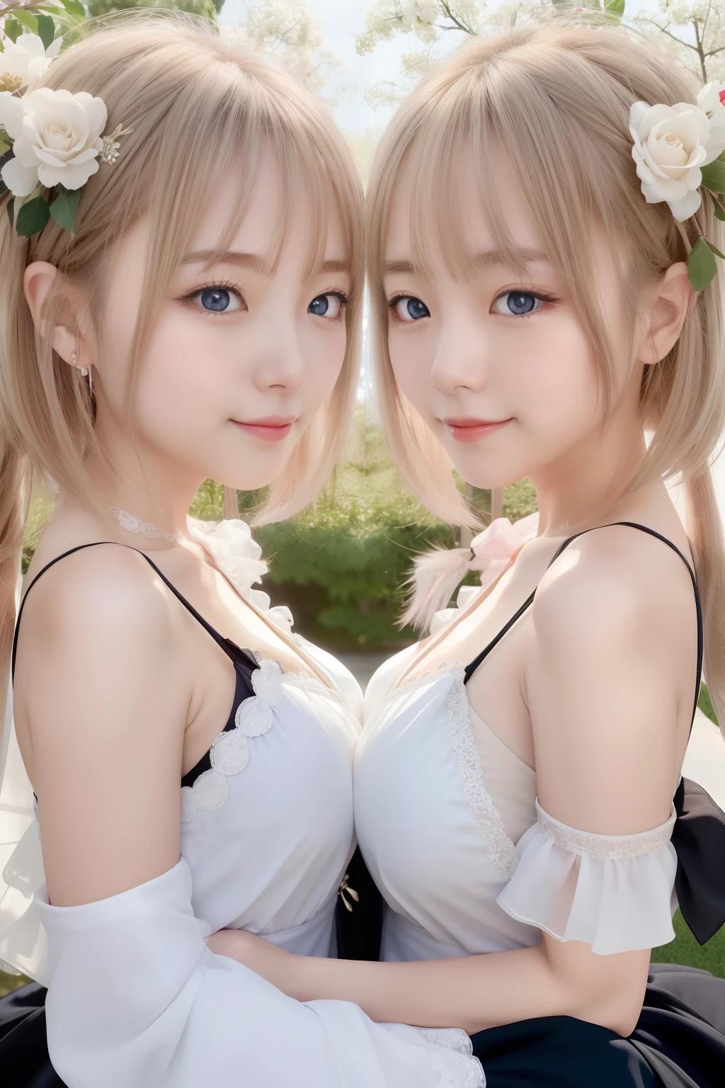 , loving expression, blushing, blue eyes, cleavage, beautiful asian young girl,attractive pose, asian girl, best quality, masterpiece, high_res, 1girl, hair ornament, upon body, photo realistic, rim lighting, two tone lighting, (high detailed skin:1.2), 8k uhd, dslr, soft lighting, high quality, volumetric lighting, candid, Photograph, high resolution, 4k, 8k, blonde hair, fluffy chest, teasing smile, in dress, wedding dress , huge breast, twin young girls, symmetrical docking, black dress, sakura garden, long hair, sideboob, (sfw:1.2), no bra, black wedding dress