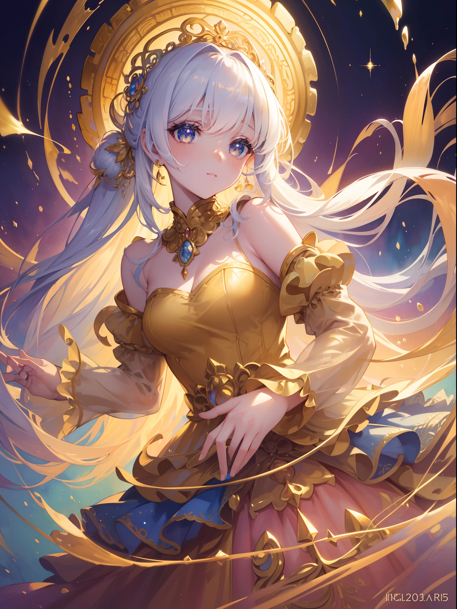 masterpiece, best quality, 8k resolution, sharp focus, intricate detail, beautiful girl, sparkling eyes, golden ratio face, otherworldly liquid, watercolor, sunset colors, bright colors, whimsical, colorful, sharp focus, high resolution, fine detail, ((layered tiered puffy long sleeves ballgown)), ((round eyes)), iridescent bubbles, fantasia background