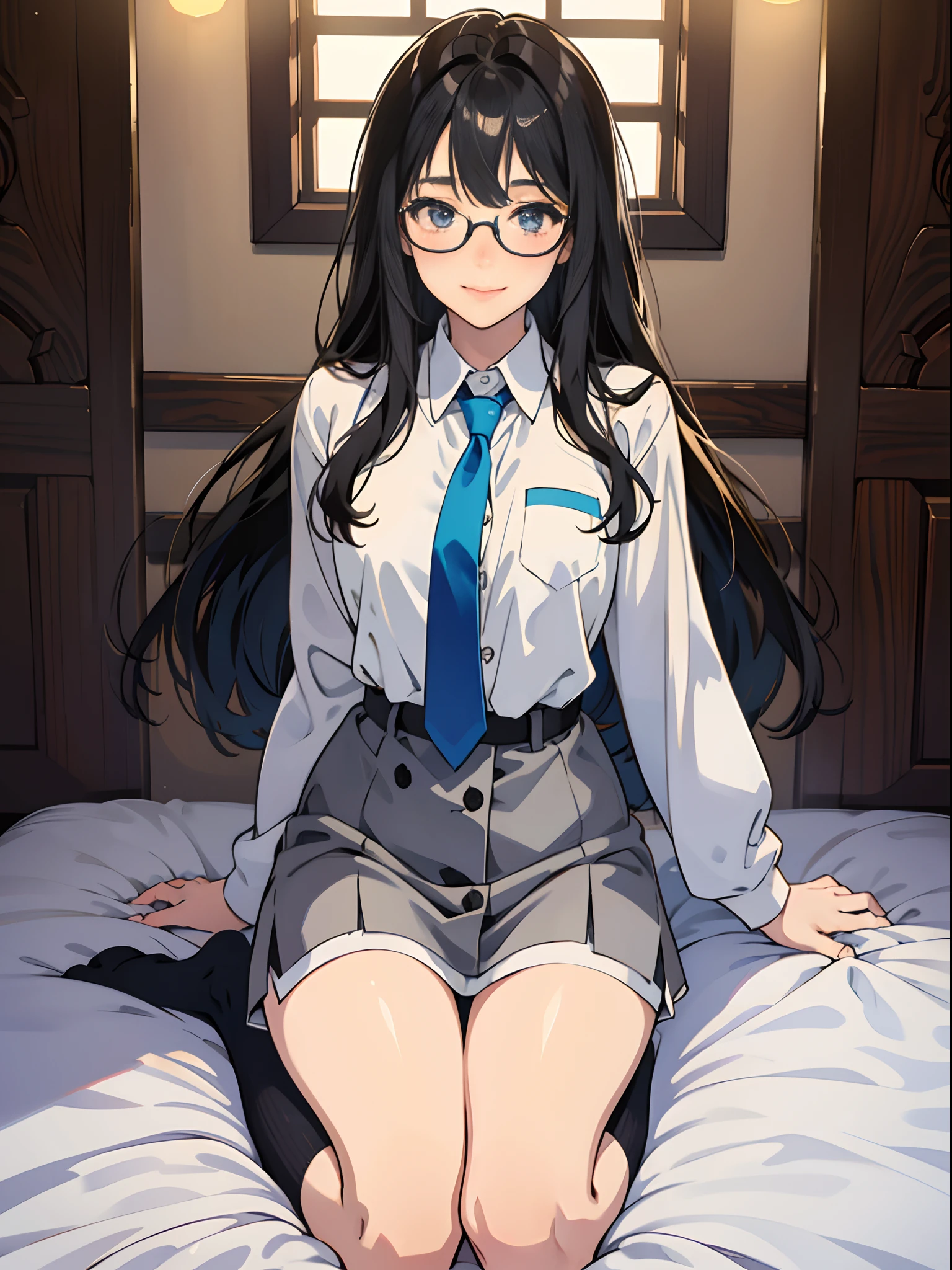 cute little、Amazing beautiful girl,female high-school student、 Anime style, 、、on the bed、A dark-haired、Straight hair、Glamour、Colossal tits、de pele branca、wide-open legs、Very embarrassing、red blush。 Best Quality , Textured skin、 high details, High quality,Semi-long hair、No shoes,I can see the belly button、nudde、fullnude,pubick hair、Black short socks、Pubic area、 hair、Open the crotch,、Tsurime,Anime-style eyes,Anime-style nose,Anime-style mouth、Turn your pubic area towards me、eye glasses、Highlights in the eyes、The pubic area is open,Lots of pubic hair、Ass hole、night lights、I want you to smell my pubic area、Camera view from below、lightsmile、Tempting、white  shirt、blue tie、