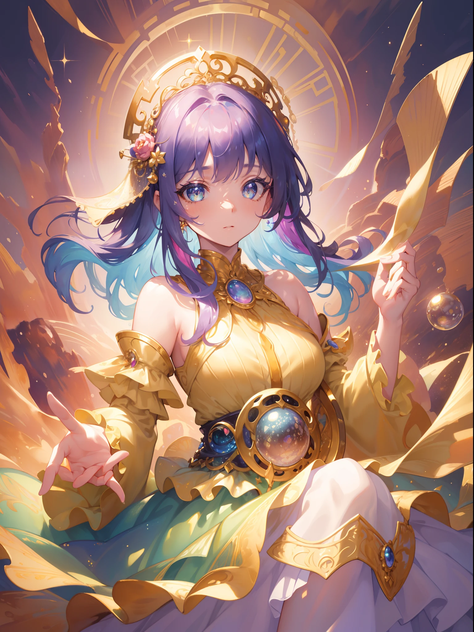 masterpiece, best quality, 8k resolution, sharp focus, intricate detail, beautiful girl, sparkling eyes, golden ratio face, otherworldly liquid, watercolor, sunset colors, bright colors, whimsical, colorful, sharp focus, high resolution, fine detail, ((layered tiered puffy long sleeves ballgown)), ((round eyes)), iridescent bubbles, fantasia background