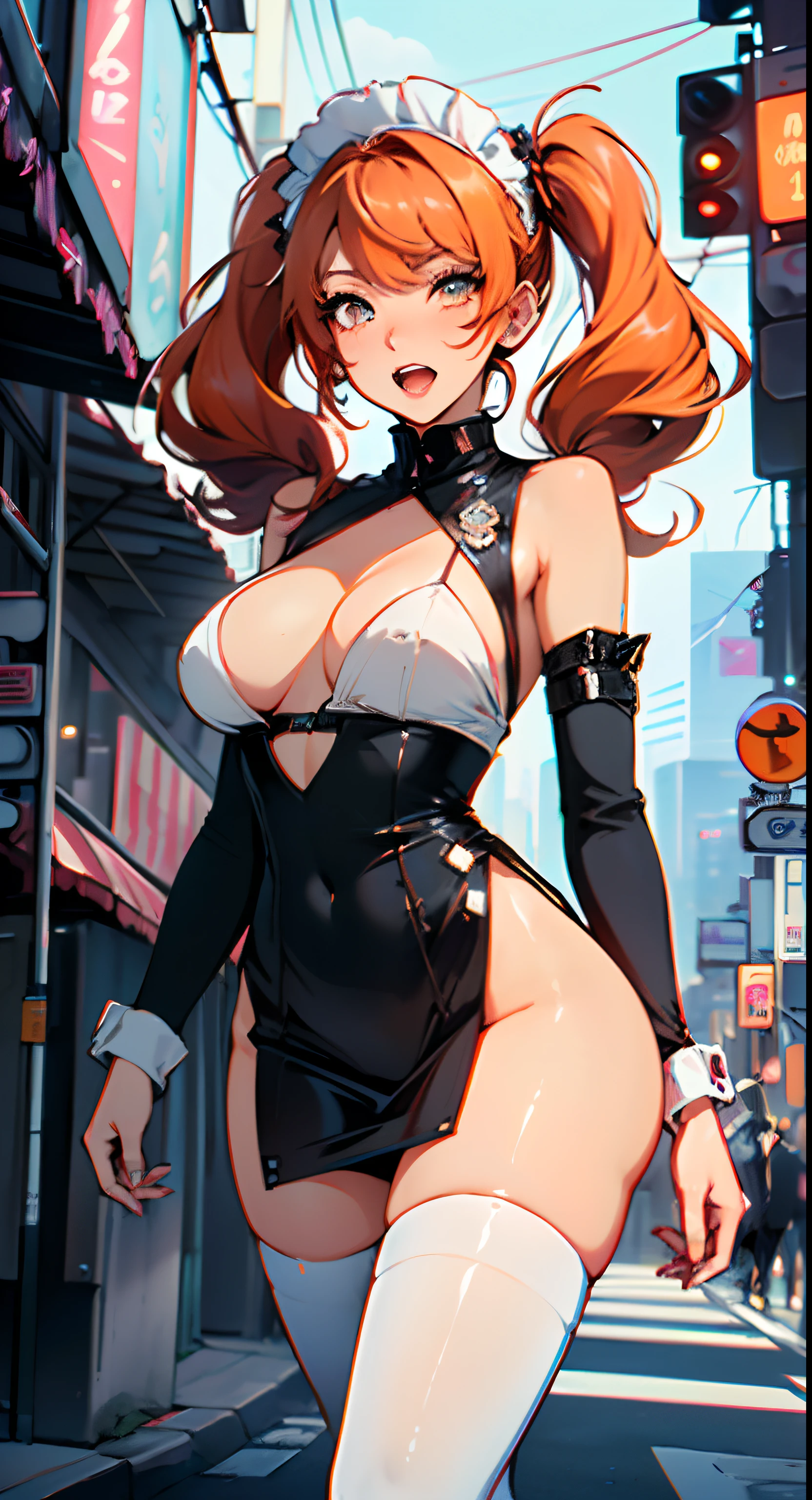 maid girl,(((1girl))),((anime maid girl with extremely cute and beautiful orange hair walking seductively down the street)),

(large breasts:1.4),bountiful breasts,fluffy breasts,H cup bust,bust up,bulging bust top,(((orange twintails hair:1.35,colored inner hair,twintails,ear breathing))),((heterochromia,eye1 orange,eye2 red,perfect eyes,upturned eyes:1.3,beautiful detailed eyes,finely detailed beautiful eyes:1,big highlight on eyes:1.2,slanted eyes)),((fat)),(((lustrous skin:1.5,bright skin: 1.5,skin tanned,shiny skin,very shiny skin,shiny body,plastic glitter skin,exaggerated shiny skin))),(spider lower abdomen,narrow waist,wide hip,athletic body,inflated legs,delicate detailed fingers,detailed body,detailed arms,human hands,(detailed face)),

cute,slutty,seductive,erotic,(((nsfw))),

zettai ryouiki,(maid headdress),maid uniform,Headdress,(maid),sleeveless,mini skirt,boots,cleavage cutout,bare legs,clothes with a lot of lace frills,(detailed outfit,detailed clothes),

(dynamic pose:1.0),solo focus,happy,((open mouth)),,centered,scale to fit dimensions,Rule of thirds,

outdoors,((night view)),(very pretty city neon synthwave,cyberpunk night street Background:1.5,dark sky,thick clouds),future vehicles,((neon lights)),thick clouds,(cyberpunk style,neon lights, (synthwave theme background), lonely street),(((detailed background:1.25))),

(best quality),(high resolution),(sharp focus),(ultra detailed),(extremely detailed),(extremely high quality artwork),8k_wallpaper,(extremely detailed CG 8k),(very fine 8K CG),((hyper super ultra detailed perfect piece)),flawless,(((masterpiece))),illustration,vibrant colors,(intricate),High contrast,Selective lighting,Double exposure,HDR (High Dynamic Range),Post-processing,Background blur,