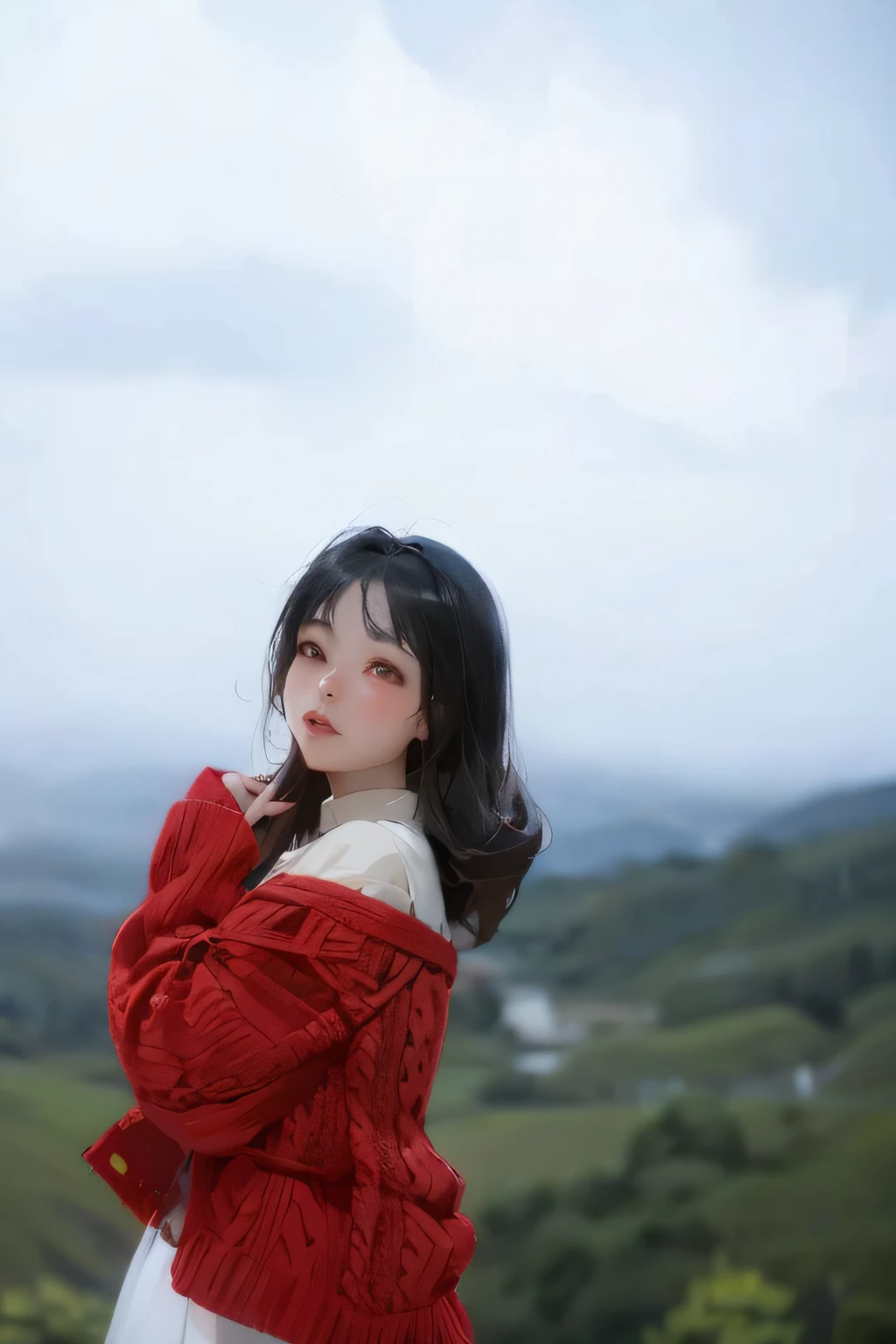 Arakfi woman in red sweater and white dress poses for a photo, xintong chen, inspired by Ma Yuanyu, wenfei ye, Li Zixin, bae suzy, chiho, Lovely woman, Yun Ling, lee ji eun, Lee Ji-eun, shaxi, gongbi, Korean girl, jaeyeon nam, Chinese girl