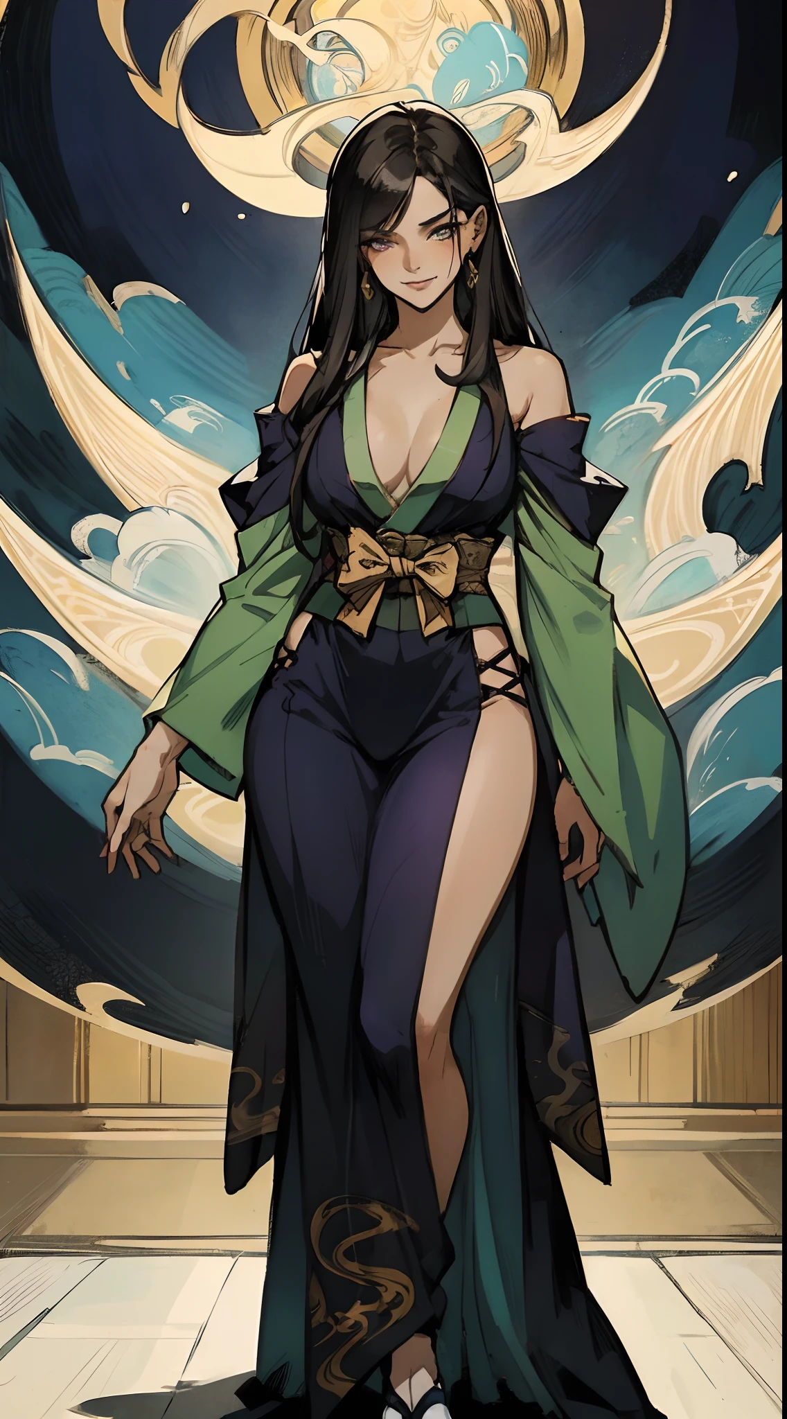 a beautiful woman with sleek dark purple long hair, a delicate and enchanting face, her eyes are sharp and piercing, a cunning smile, she has a slender figure, a fantasy-style form-fitting ninja outfit, the character design reflects a fantasy-style ninja by Japanese anime design, the artwork features finely detailed character design, showcasing a mature Japanese manga artistic style, ((character concept art)), full body character drawing, high definition, best quality, ultra-detailed, extremely delicate, anatomically correct, symmetrical face, extremely detailed eyes and face, high quality eyes, creativity, RAW photo, UHD, 8k, (Natural light, professional lighting:1.2, cinematic lighting:1.5, best shadow), (masterpiece:1.5)