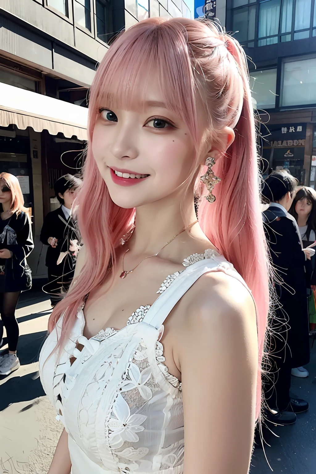 (Realistic:1.3), Finely detailed, quality, Rembrandt lighting, (masutepiece:1.2), (Photorealistic:1.2), (Best Quality), (Detailed skin:1.3), (Intricate details), Dramatic, Ray tracing,
break
1 girl, japanaese girl, Smiling,(Pink Hair 1.4), twin-tail hair, Twin Loop Hair, Parted bangs, Eye highlights 21 years old, medium breasts, earrings, jirai fashion, Short dress, frilld, Lace, bow ribbon,
BREAK
(on tokyo street, Harajuku, A clear day),
