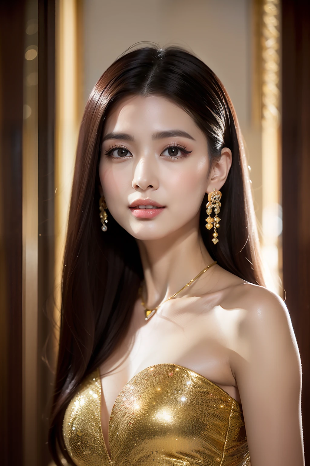 (8K分辨率,Vista full body photo,Photos above the legs),(Multiple women,20yr old,(Facial features of Thai Min:1.8,Thin skeletal cheeks,s delicate face),Lovely face,com rosto detalhado,详细的脸,(Delicate Japanese makeup),Black colored eyes,(Look into the distance),Long dark red hair,(Messy has layers),Redlip,Fair smooth skin,(Best Skin Type:1.21),mediuml breasts,(Couture dress,(deep v big breasts,A princess,Luxury),A small number of jewelry hairpins,Luxury necklaces and bracelets,High luxury jewelry display),Tall and tall,The action of conversation,perfect hand,Ultra-fine clothing material),(Modern meeting hall,Flower wall,Exquisite environmental details),(exhilarated,confident smile,Rejoice),(profesional lighting,动态照明),((Colors are conflicting,noble,elegance,mistic(golden colored,red colour,in pink,white colors,black in color))),(Golden section,Cinema lenses,Dynamic shots,Hasselblad photograp,tmasterpiece:1.3),(lady,valentine,Courtesan,idoly,mistic,dream magical,trendsetting,Artis,Art platform)