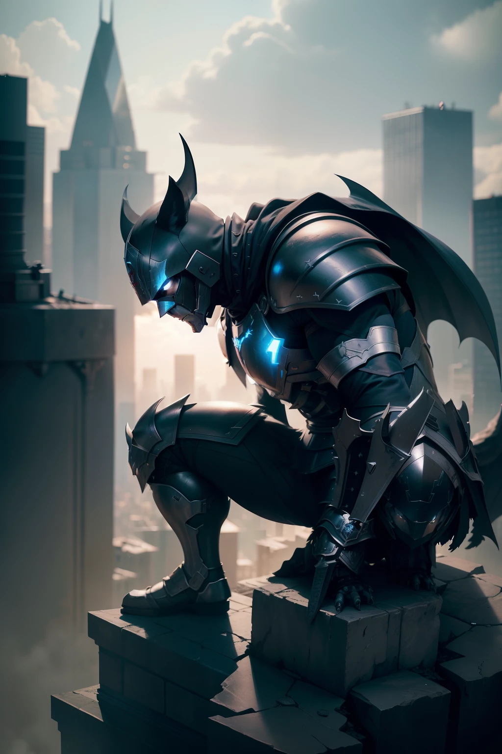 Iron an with a black armor with blue details, long ears on the armor, on the chest, a big and silver bat symbol, he is at the top of a high building, looking to the city below him, crouched above a gargoyle. photorealistic, 4k, real, cinematic composition, volumetric light