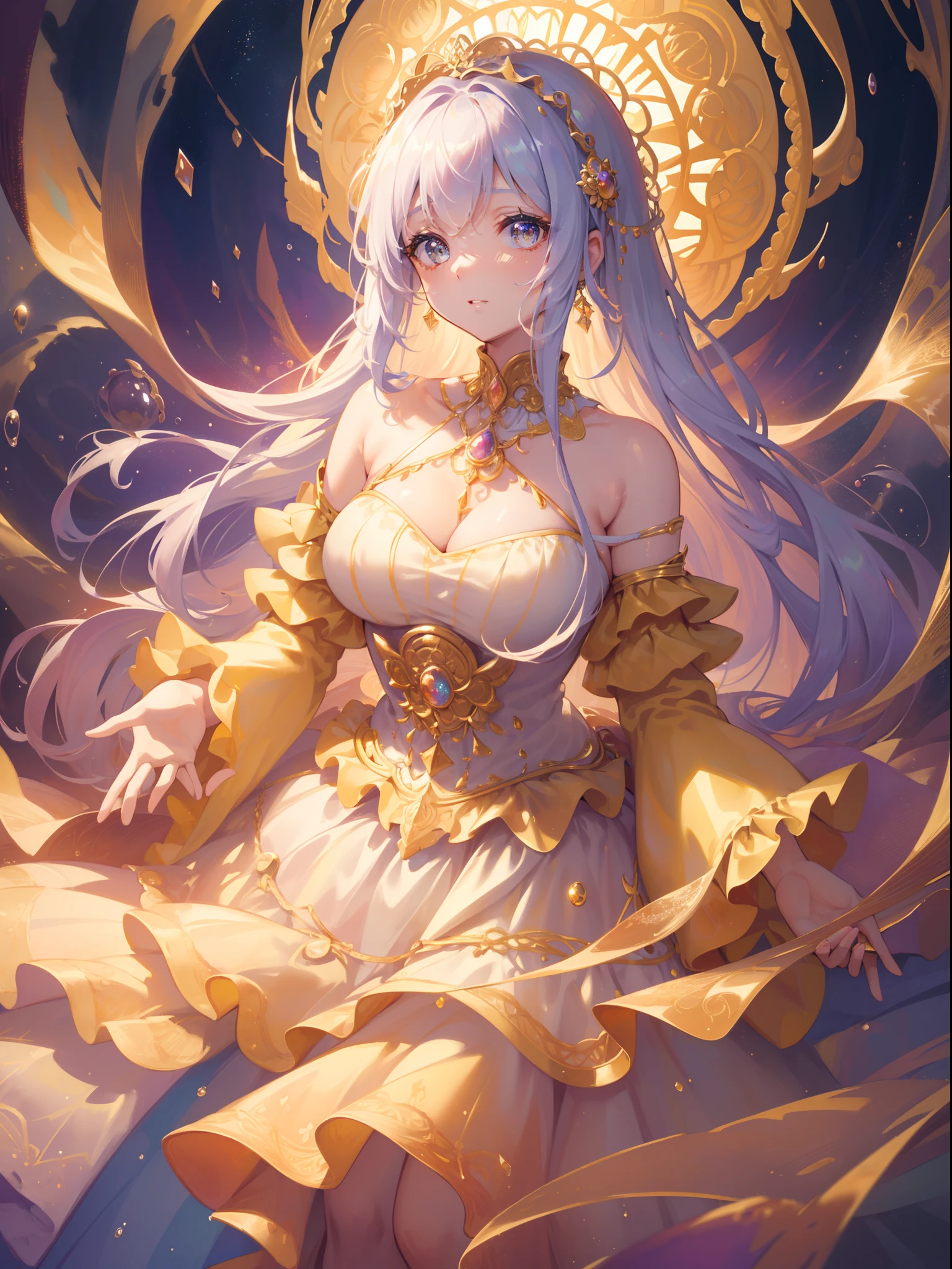 masterpiece, best quality, 8k resolution, sharp focus, intricate detail, beautiful girl, sparkling eyes, golden ratio face, otherworldly liquid, watercolor, sunset colors, bright colors, whimsical, colorful, sharp focus, high resolution, fine detail, ((layered tiered puffy long sleeves ballgown)), ((round eyes)), iridescent bubbles, fantasia background