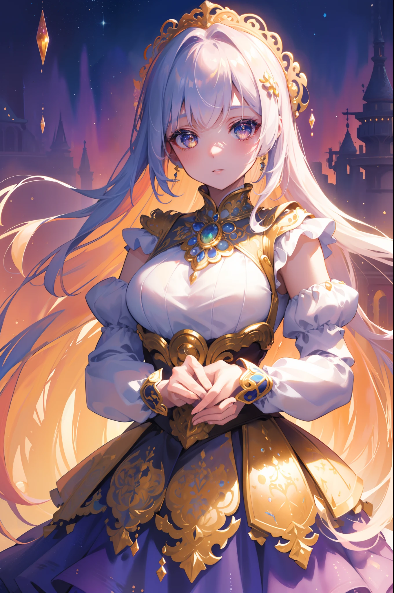 masterpiece, best quality, 8k resolution, sharp focus, intricate detail, beautiful girl, sparkling eyes, golden ratio face, otherworldly liquid, watercolor, sunset colors, bright colors, whimsical, colorful, sharp focus, high resolution, fine detail, ((layered tiered puffy long sleeves ballgown)), ((round eyes)), iridescent bubbles, fantasia background