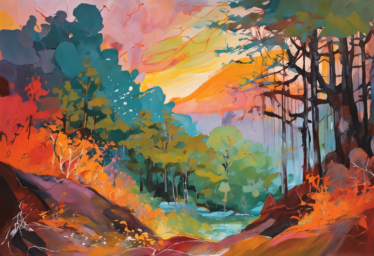 Intricate painting details of Japanese forests, by range murata, galaxy in background, Clouds, vivd colour, High contrast, Mountain, vector line art, orange highlights, trending in pixiv, anime concept art, Stick, Mattire, high high quality, Edge to edge, Sanskrit