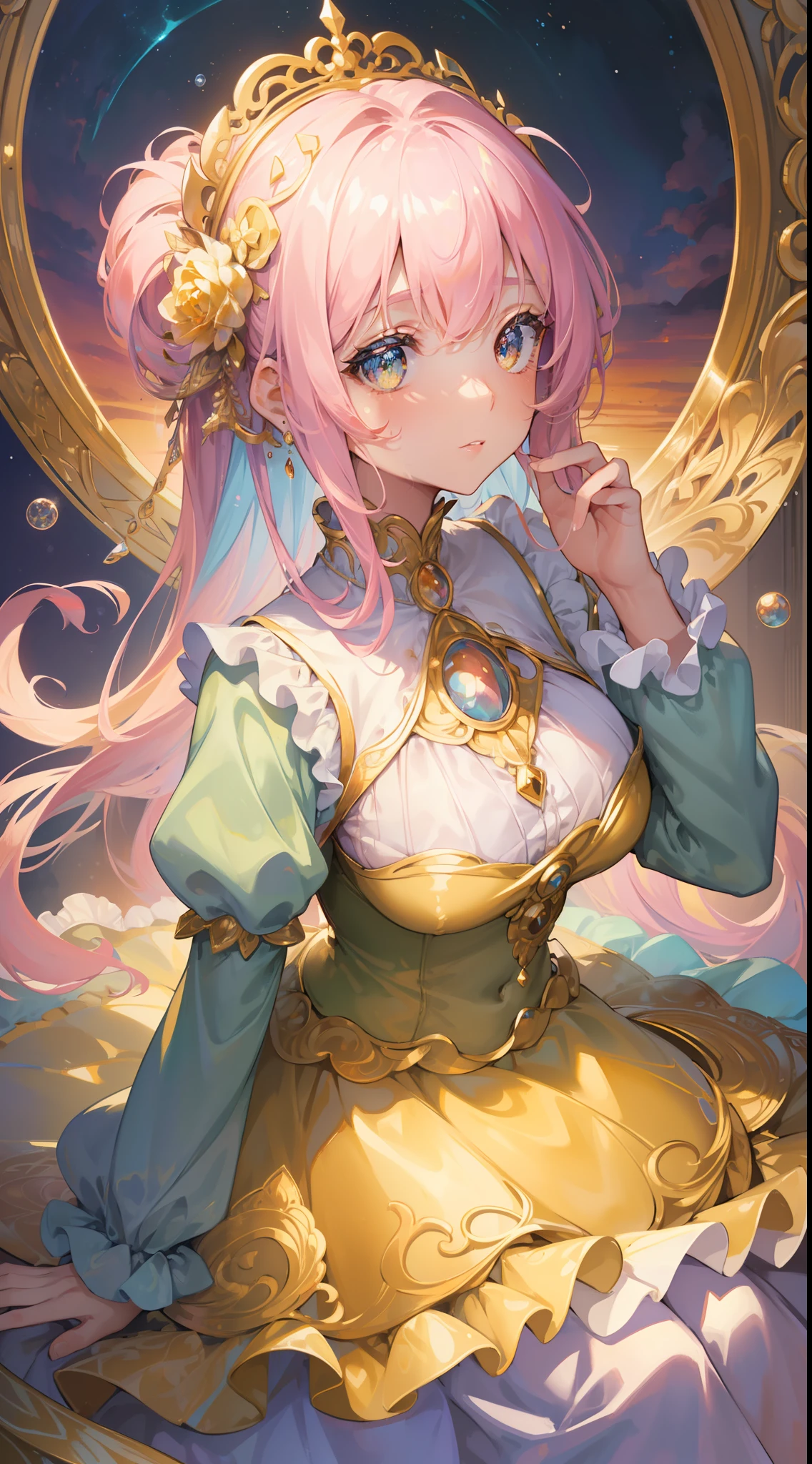 masterpiece, best quality, 8k resolution, sharp focus, intricate detail, beautiful girl, sparkling eyes, golden ratio face, otherworldly liquid, watercolor, sunset colors, bright colors, whimsical, colorful, sharp focus, high resolution, fine detail, ((layered tiered puffy long sleeves ballgown)), ((round eyes)), iridescent bubbles, fantasia background