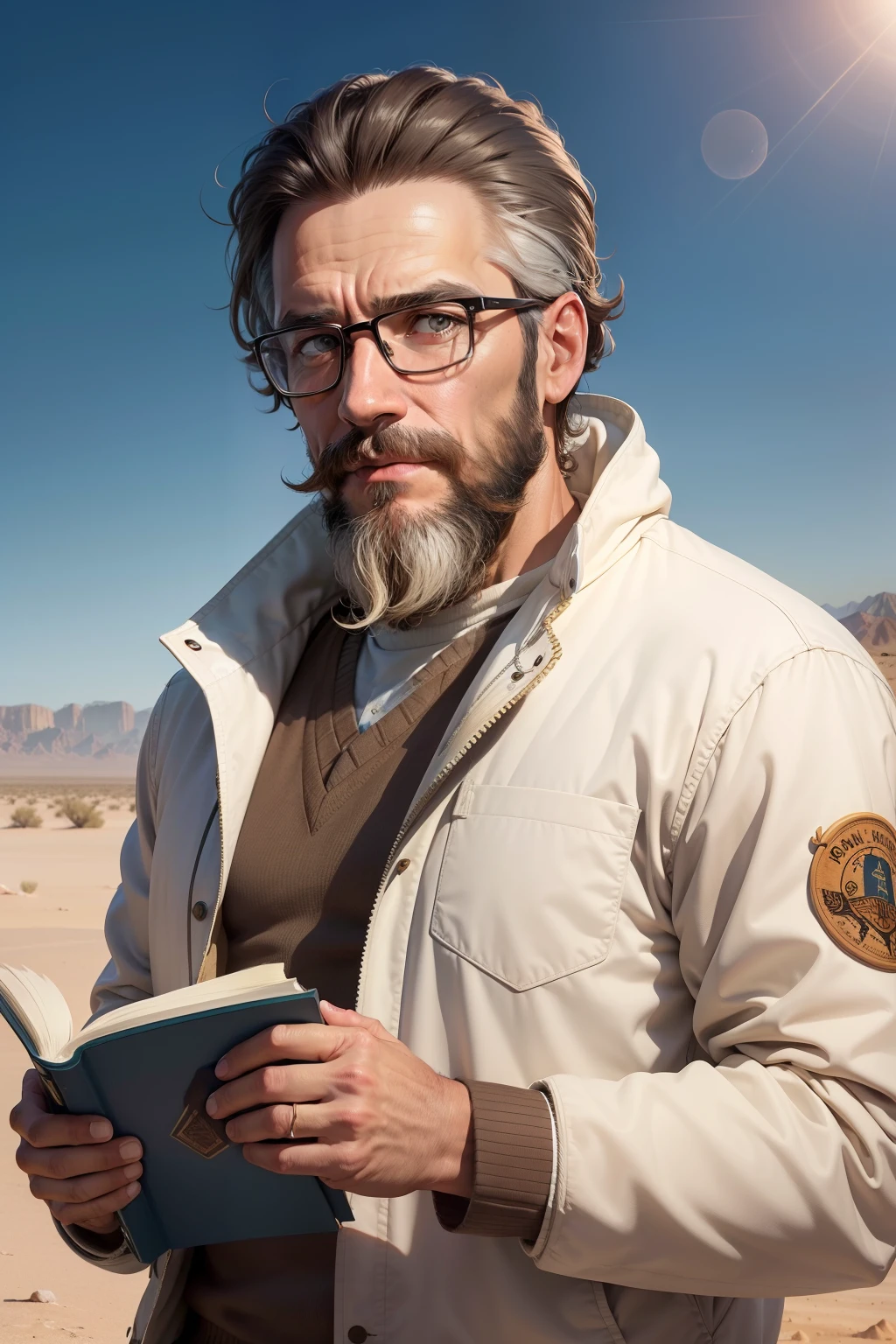 Man, serious, 47 years old, with beard, kind look, brown eyes, wearing old glasses, white clothes, wearing an old jacket, holding a book, in the desert near the sky)