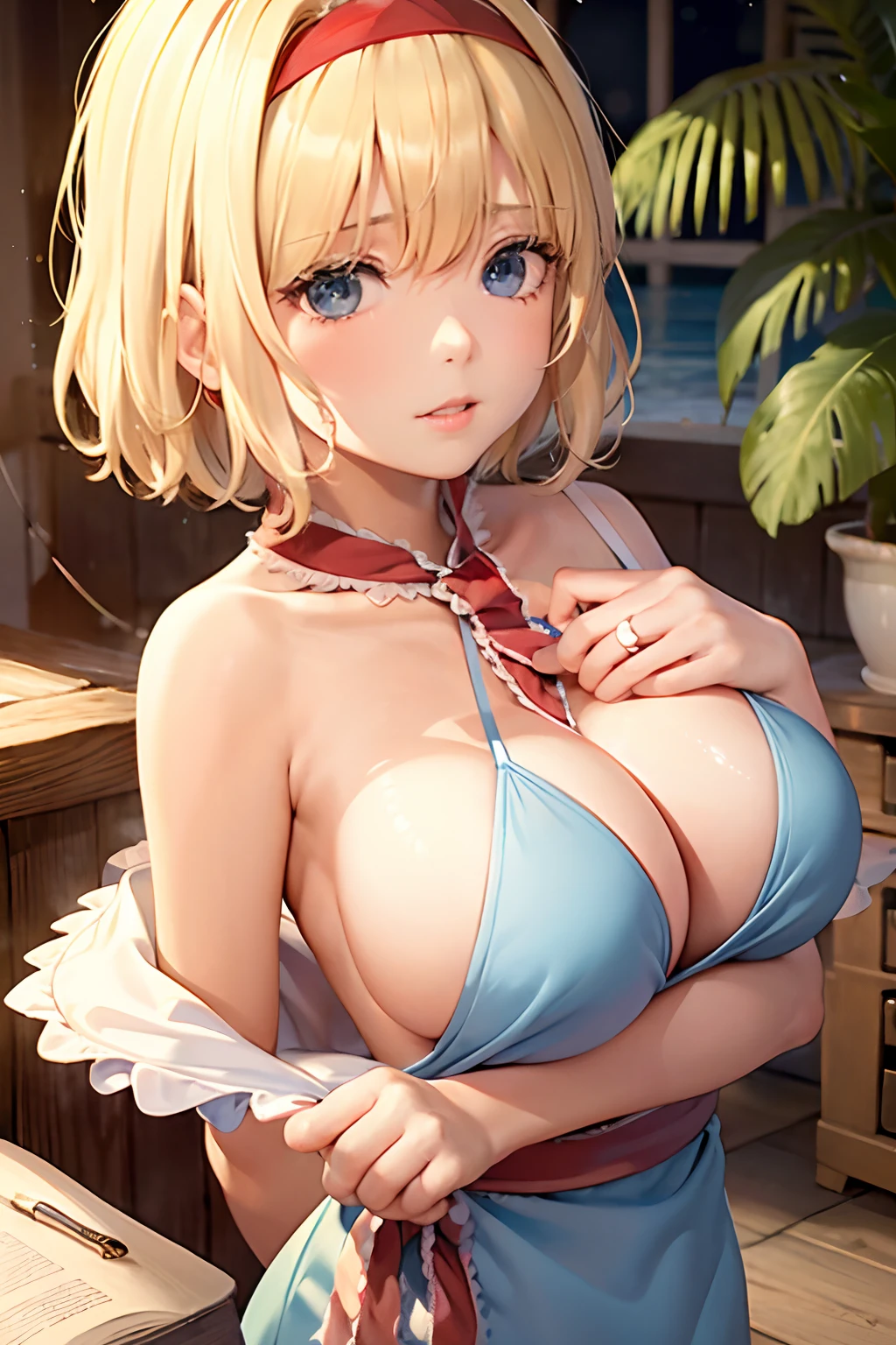 ​masterpiece、top-quality、human - shaped、blonde  hair、shairband、(shanghai doll:1、Alice Margatroyd、blue eyess、Capelet、1girl in、red blush、独奏、Sash、the bow、Hair bow、shorth hair、length hair、Blue Bikini、Mare、sand beach、Ｇcups、cleavage of the breast、Beautiful breasts