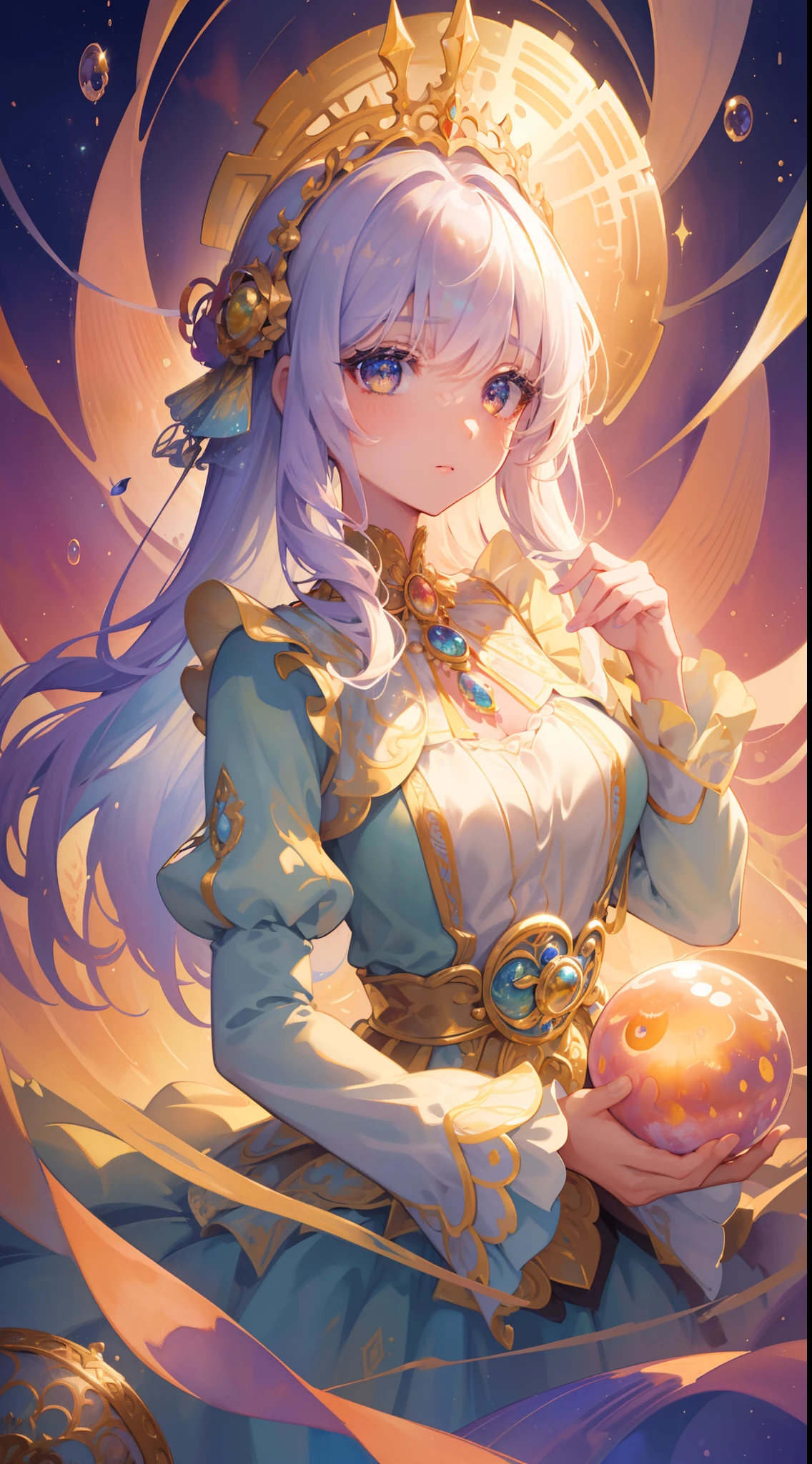 masterpiece, best quality, 8k resolution, sharp focus, intricate detail, beautiful girl, sparkling eyes, golden ratio face, otherworldly liquid, watercolor, sunset colors, bright colors, whimsical, colorful, sharp focus, high resolution, fine detail, ((layered tiered puffy long sleeves ballgown)), ((round eyes)), iridescent bubbles, fantasia background