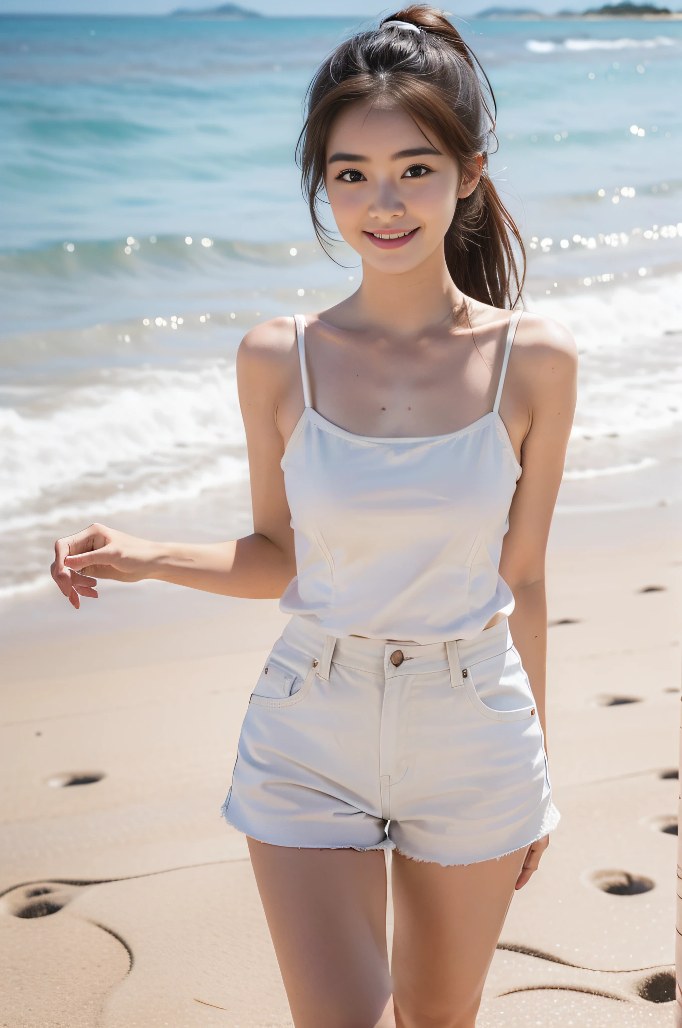 (best quality, complex details: 1.2) ,1 girl, solo, looking at the audience, camisole, cowboy shorts, lips parted, realistic,on the beach,light smile,shy,Medium size,white body,high ponytail,bare_legs,pale complexion,