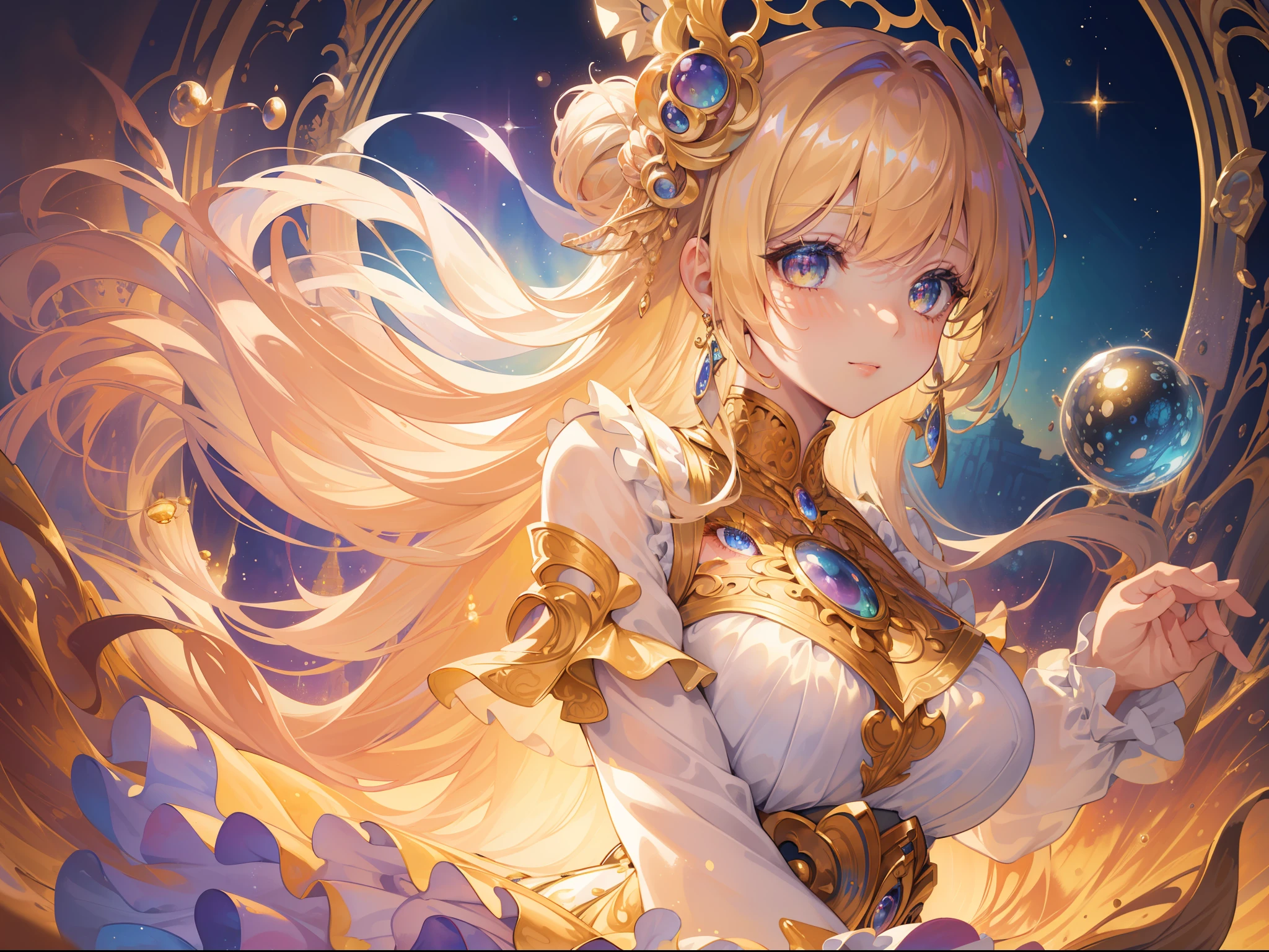Superb masterpiece, upper body, (adult: 1.6) Hungarian woman, (giggle: 0.4), arms behind the head, golden braids, sparkling eyes, Victorian sun dress, floating light particles, centered, added facial detail