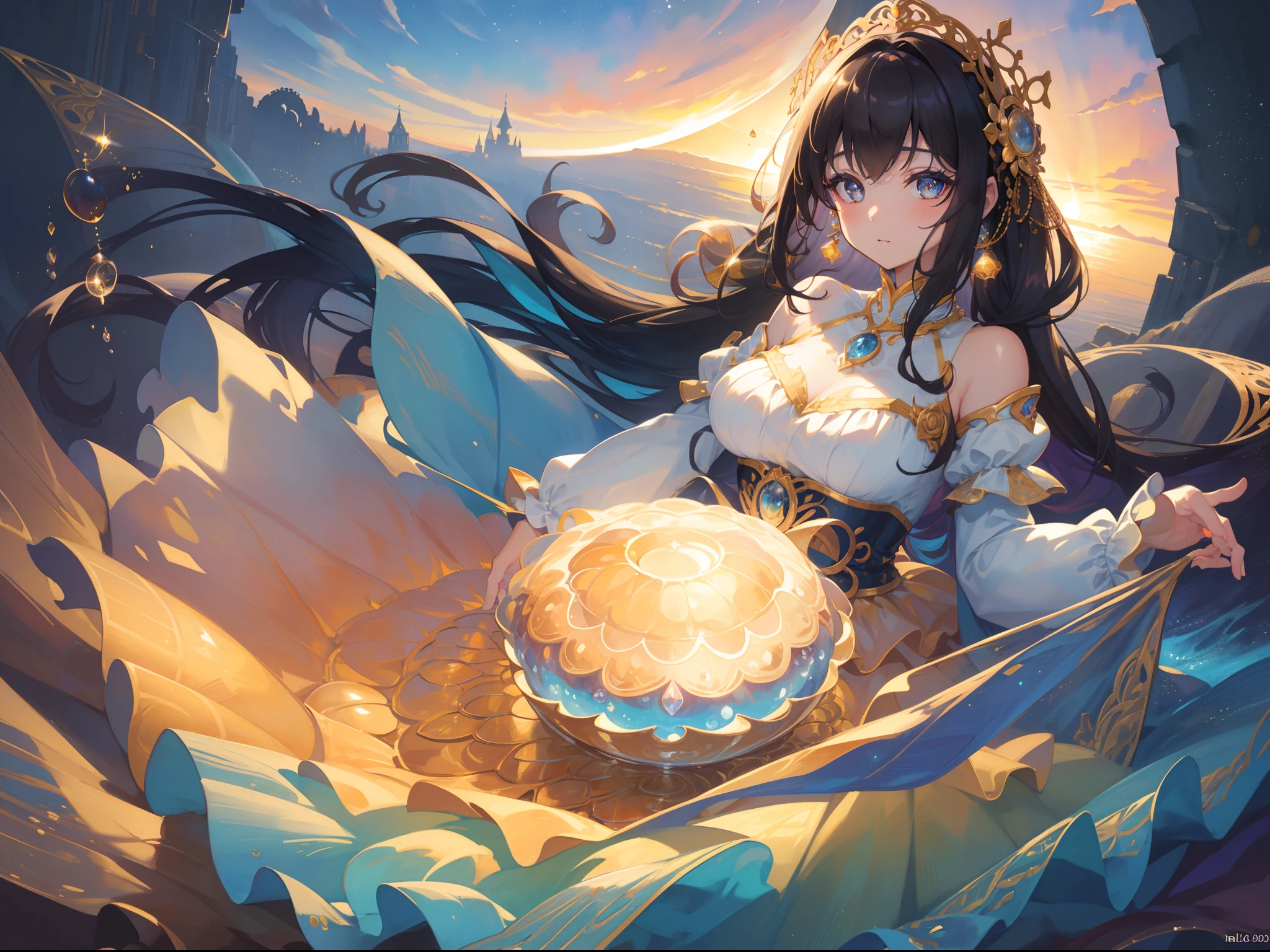 masterpiece, best quality, 8k resolution, sharp focus, intricate detail, beautiful girl, sparkling eyes, golden ratio face, otherworldly liquid, watercolor, sunset colors, bright colors, whimsical, colorful, sharp focus, high resolution, fine detail, ((layered tiered puffy long sleeves ballgown)), ((round eyes)), iridescent bubbles, fantasia background