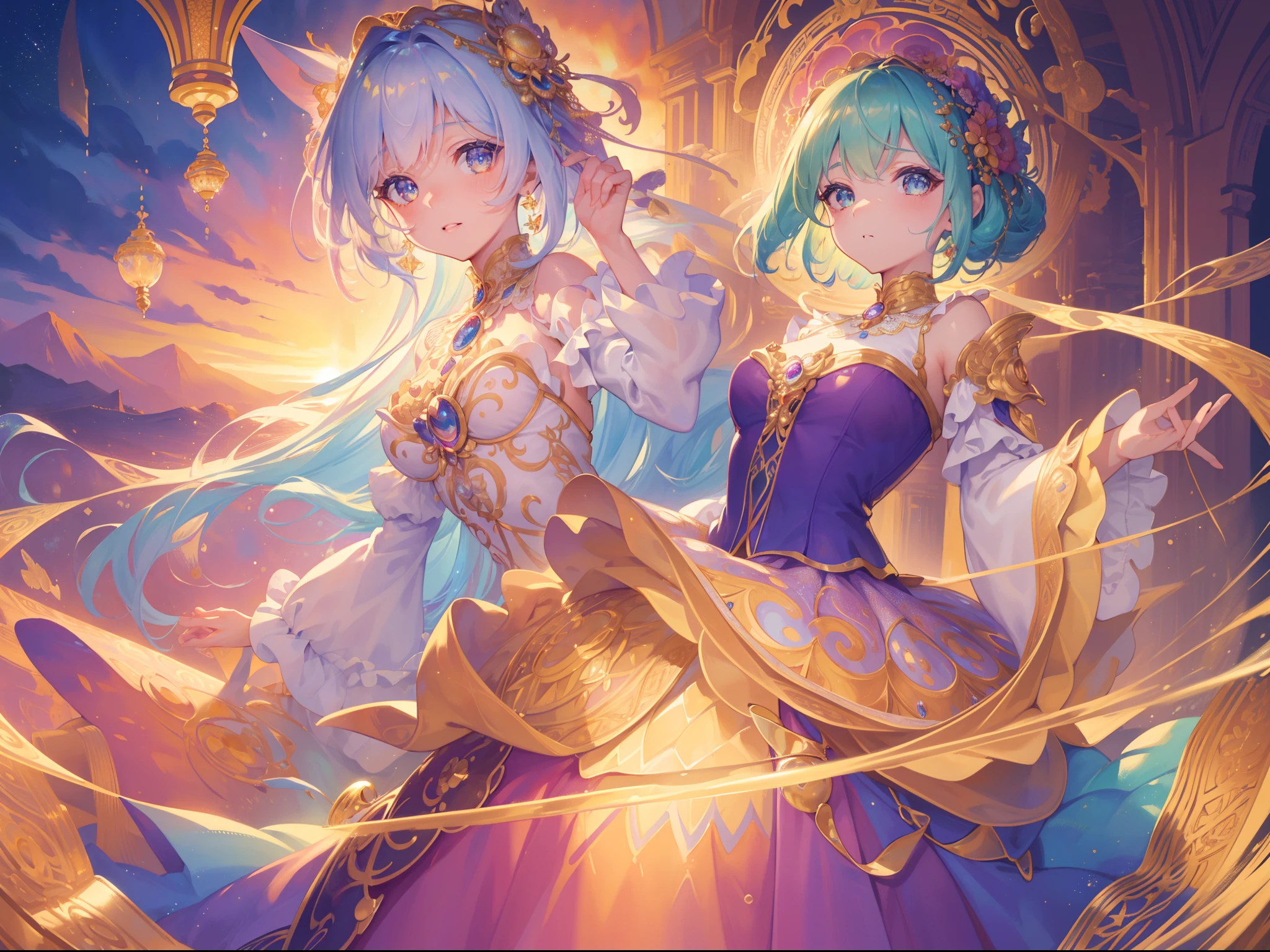 masterpiece, best quality, 8k resolution, sharp focus, intricate detail, beautiful girl, sparkling eyes, golden ratio face, otherworldly liquid, watercolor, sunset colors, bright colors, whimsical, colorful, sharp focus, high resolution, fine detail, ((layered tiered puffy long sleeves ballgown)), ((round eyes)), iridescent bubbles, fantasia background