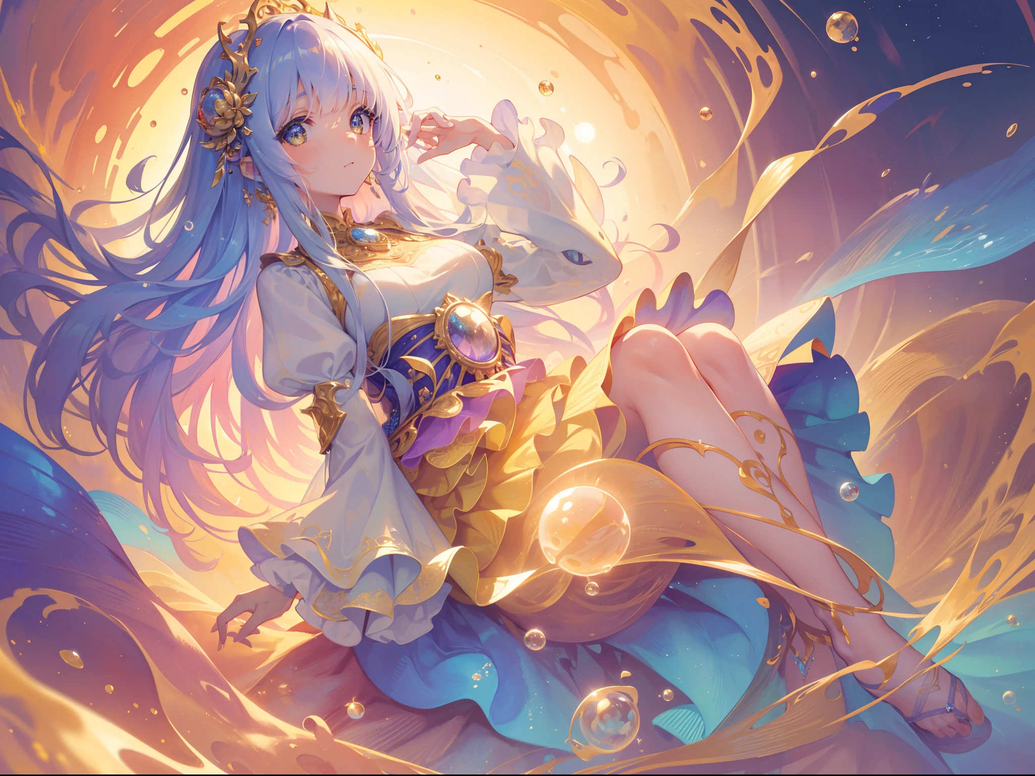 masterpiece, best quality, 8k resolution, sharp focus, intricate detail, beautiful girl, sparkling eyes, golden ratio face, otherworldly liquid, watercolor, sunset colors, bright colors, whimsical, colorful, sharp focus, high resolution, fine detail, ((layered tiered puffy long sleeves ballgown)), ((round eyes)), iridescent bubbles, fantasia background