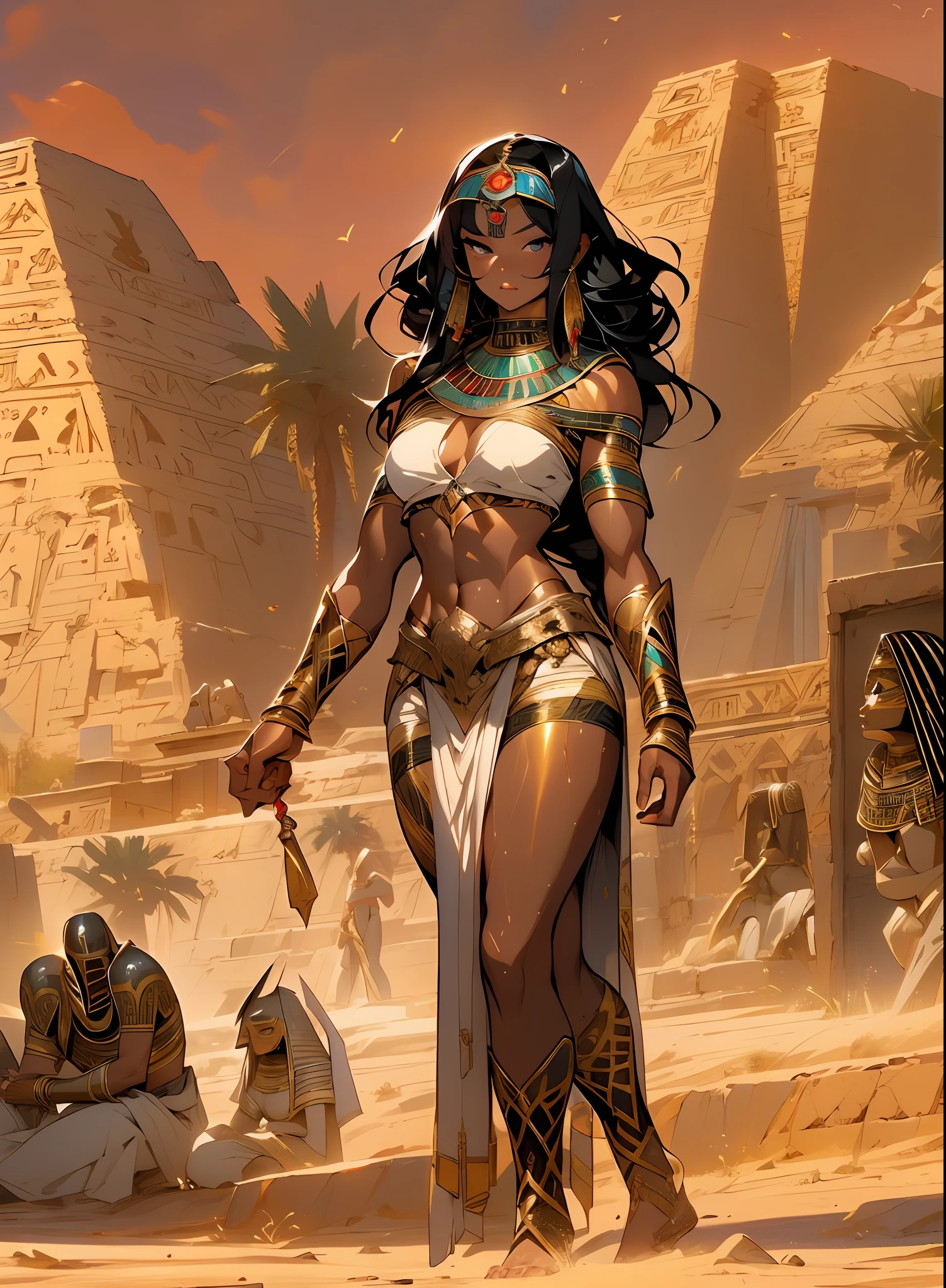 ((Frank Frazetta)), beautiful black woman, Beautiful black eyes、 Egyptian woman, (Glossy Egyptian ornaments), muscular and perfect body,(top-quality、8K、32K、​masterpiece、nffsw:1.3)、超A high resolution,(Photorealsitic:1.4),, long black hair with heavy bangs on the forehead,,,,,,Image from head to thigh,,Ray traching,Sun glare,depth of fields,By backlight effect、Add depth to your screen、muscular body, Red veil, dark skin shiny with oil and sweat, Anubis warrior in small clothes, golden bra, Egyptian tattoo,, Large breasts, Generous cleavage, , A desert, pyramids in the background