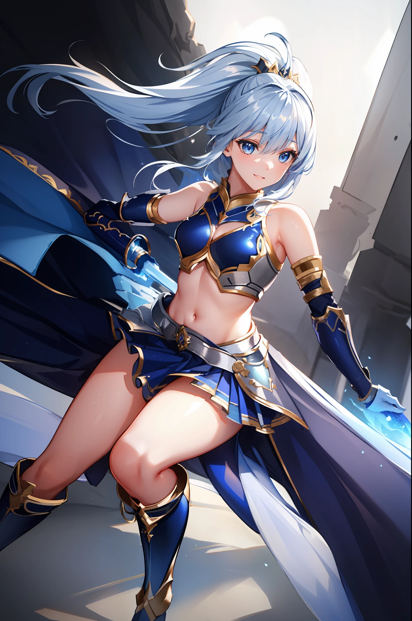 (Very delicate and beautiful in 8K、Dynamic Angle、​masterpiece、top-quality、depth of fields:1.0)、Dainty beauty、22year old、[Dye cheeks]、(Beautiful glowing skin、beautiful countenance、detailed facial features、Features of a beautiful body:1.0)、Blue eyes、Detailed beautiful gray hair、hair between eye、poneyTail、(Bare shoulders、Navel Ejection:1.2)、Dark blue costume、battle garments、pleatedskirt、waist side armor、A slight smil、erect through、、Fantasy worldview