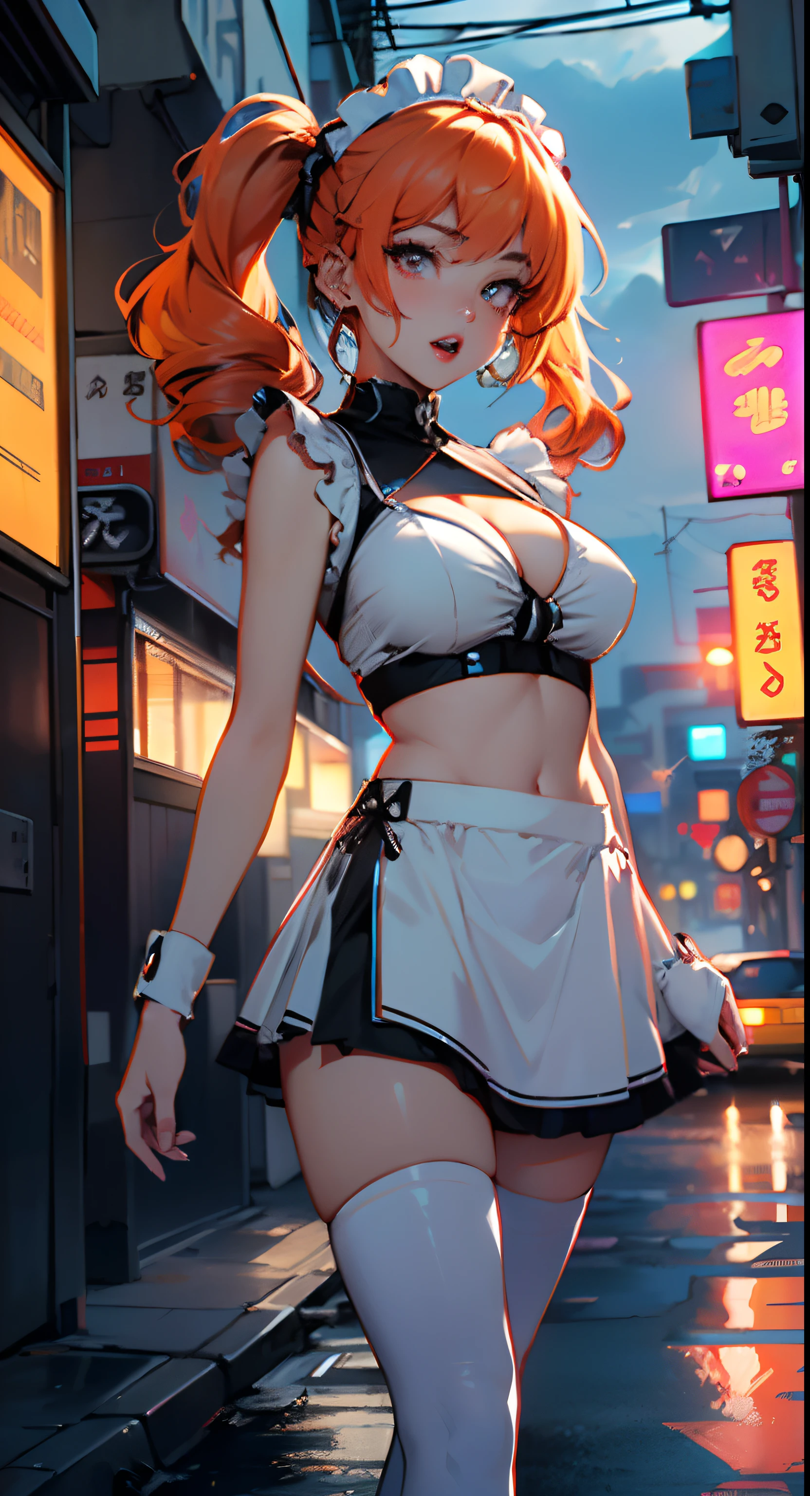 maid girl,(((1girl))),((anime maid girl with extremely cute and beautiful orange hair walking seductively down the street)),
(large breasts:1.4),bountiful breasts,fluffy breasts,H cup bust,bust up,bulging bust top,(((orange twintails hair:1.35,colored inner hair,twintails,ear breathing))),((heterochromia,eye1 orange,eye2 red,perfect eyes,upturned eyes:1.3,beautiful detailed eyes,finely detailed beautiful eyes:1,big highlight on eyes:1.2,slanted eyes)),((fat)),(((lustrous skin:1.5,bright skin: 1.5,skin tanned,shiny skin,very shiny skin,shiny body,plastic glitter skin,exaggerated shiny skin))),(spider lower abdomen,narrow waist,wide hip,athletic body,inflated legs,delicate detailed fingers,detailed body,detailed arms,human hands,(detailed face)),
cute,slutty,seductive,erotic,(((nsfw))),
zettai ryouiki,(maid headdress),maid uniform,Headdress,(maid),sleeveless,mini skirt,boots,cleavage cutout,bare legs,clothes with a lot of lace frills,(detailed outfit,detailed clothes),
(dynamic pose:1.0),solo focus,happy,((open mouth)),,centered,scale to fit dimensions,Rule of thirds,
outdoors,((night view)),(very pretty city neon synthwave,cyberpunk night street Background:1.5,dark sky,thick clouds),future vehicles,((neon lights)),thick clouds,(cyberpunk style,neon lights, (synthwave theme background), lonely street),(((detailed background:1.25))),
(best quality),(high resolution),(sharp focus),(ultra detailed),(extremely detailed),(extremely high quality artwork),8k_wallpaper,(extremely detailed CG 8k),(very fine 8K CG),((hyper super ultra detailed perfect piece)),flawless,(((masterpiece))),illustration,vibrant colors,(intricate),High contrast,Selective lighting,Double exposure,HDR (High Dynamic Range),Post-processing,Background blur,