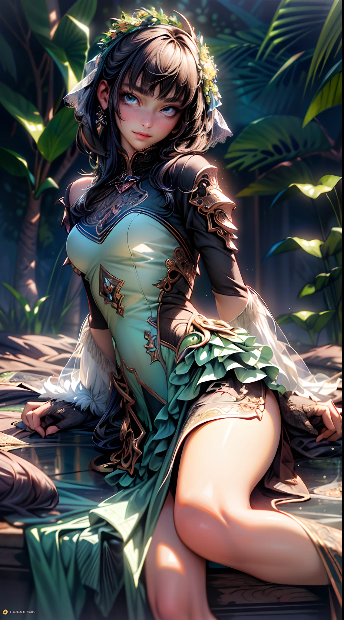 1 beautiful girl, Super beautiful detailed face, (Beautiful breasts:1.3), (Slender body:1.2), Beautiful Goddess Advent, pubick hair, cameltoe details, Beautiful background, Golden ratio, conceptual art, Super Detail, ccurate, high details, Anatomically correct, Outdoors, Beautiful jungle, (Giant Castle:1.3), cutting edge, Sexy Art, Open your legs, Beautiful girl illuminated by 7 pastel lights, Surrounded by beautiful sunsets, dazzling lights, Super delicate illustration details,