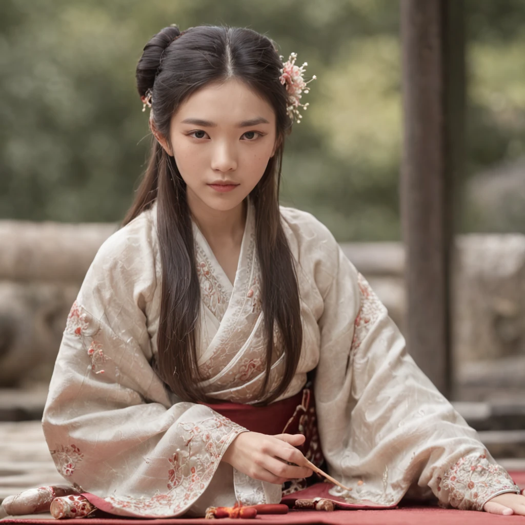 (Daisaku),(Need),(Super meticulous),(full bodyesbian:1.2),Super young man sitting on carpet playing guzheng，Next to it was a young woman with a petal shape between her forehead，Beautiful，Oriental face，4K，With very detailed facial features and visuals of real people。