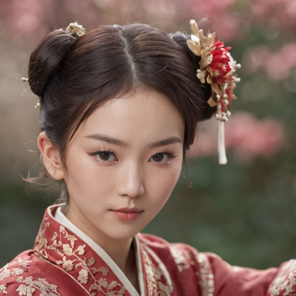 (Daisaku),(Need),(Super meticulous),(full bodyesbian:1.2),Super young man sitting on carpet playing guzheng,Next to it was a young woman with a petal shape between her forehead,Beautiful,Oriental face,4K,With very detailed facial features and visuals of real people。