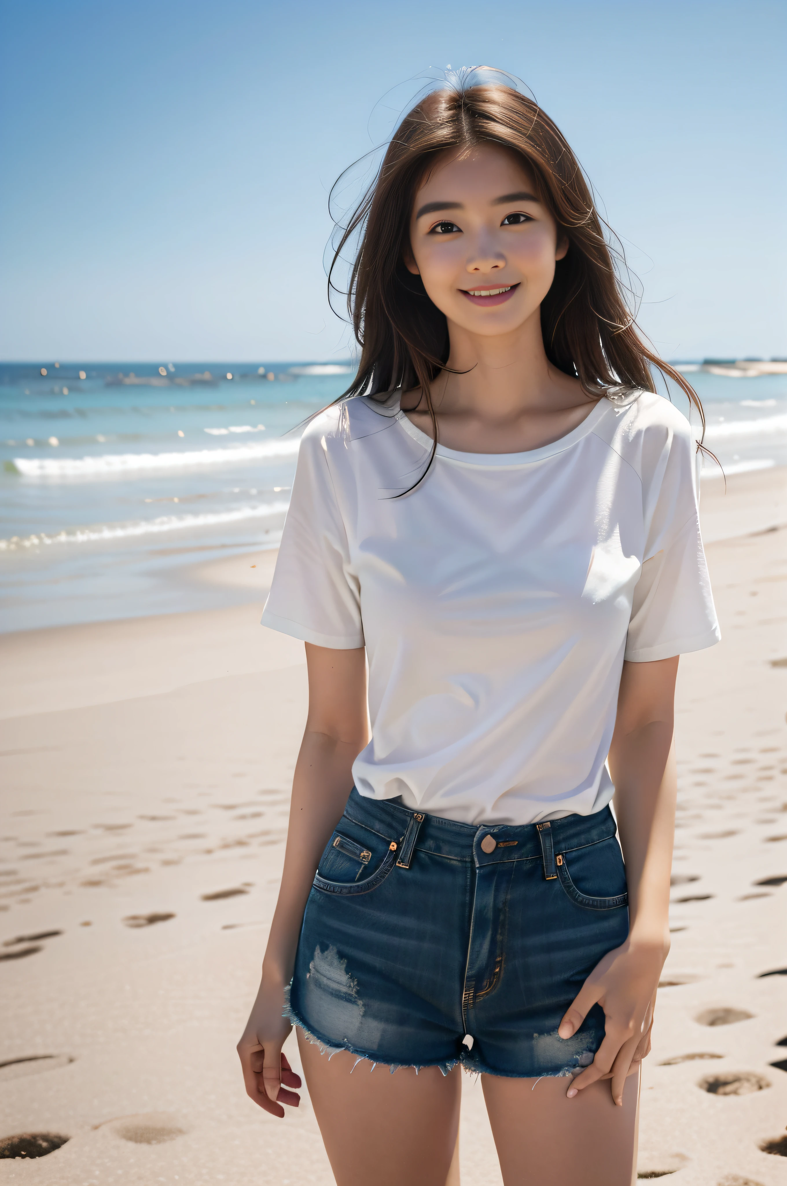 (best quality, complex details: 1.2) ,1 girl, solo, looking at the audience, wide men's shirt, (cowboy shorts), lips parted, realistic,on the beach,light smile,shy,Medium size,white body,long hair,bare_legs,pale complexion,